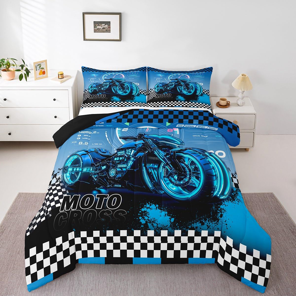 Feelyou Kids Blue Dirt Bike Bedding Set Full Size, Racing Motocross Comforter Set Boys Girls Motorcycle Comforter Motorbike Teen