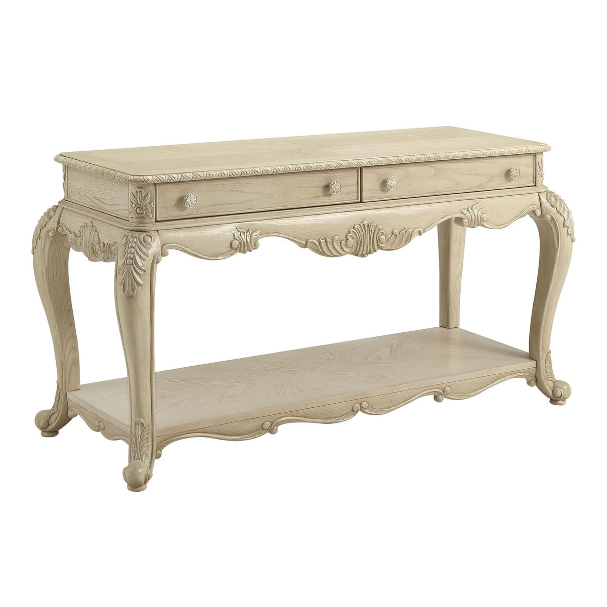 Benjara Vintage Style Wooden Sofa Table With Two Drawers And One Open Shelf, White,