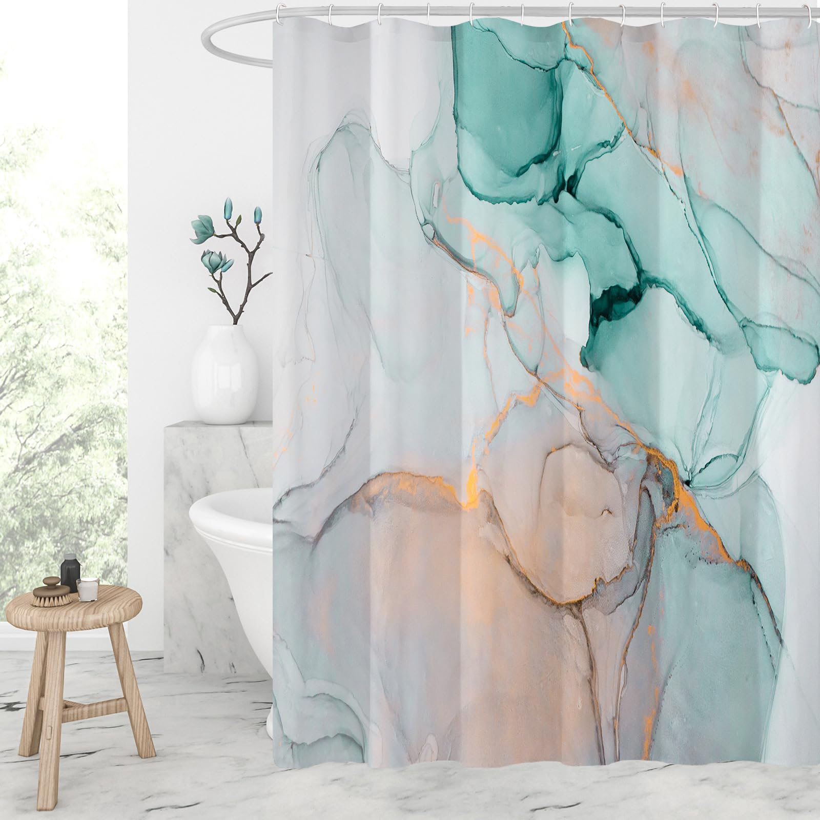 Gibelle Long Fabric Shower Curtain 72 x 78, Tall Abstract Grey Teal Marble Shower Curtain, Modern Ink Art Waterproof Fabric Show