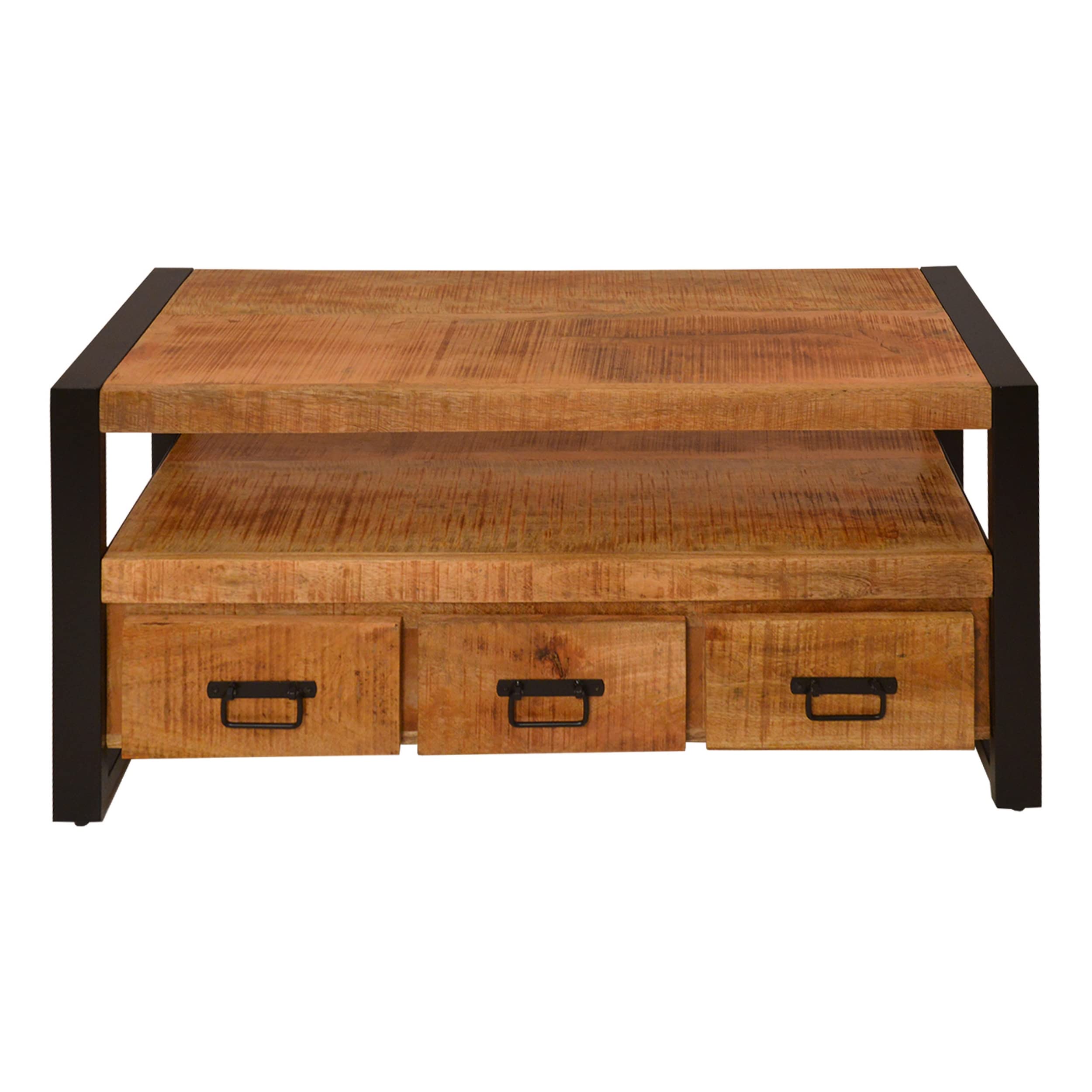 The Urban Port 3-Drawer Wooden Farmhouse Coffee Table with Open Shelf and Metal Frame, Brown and Black