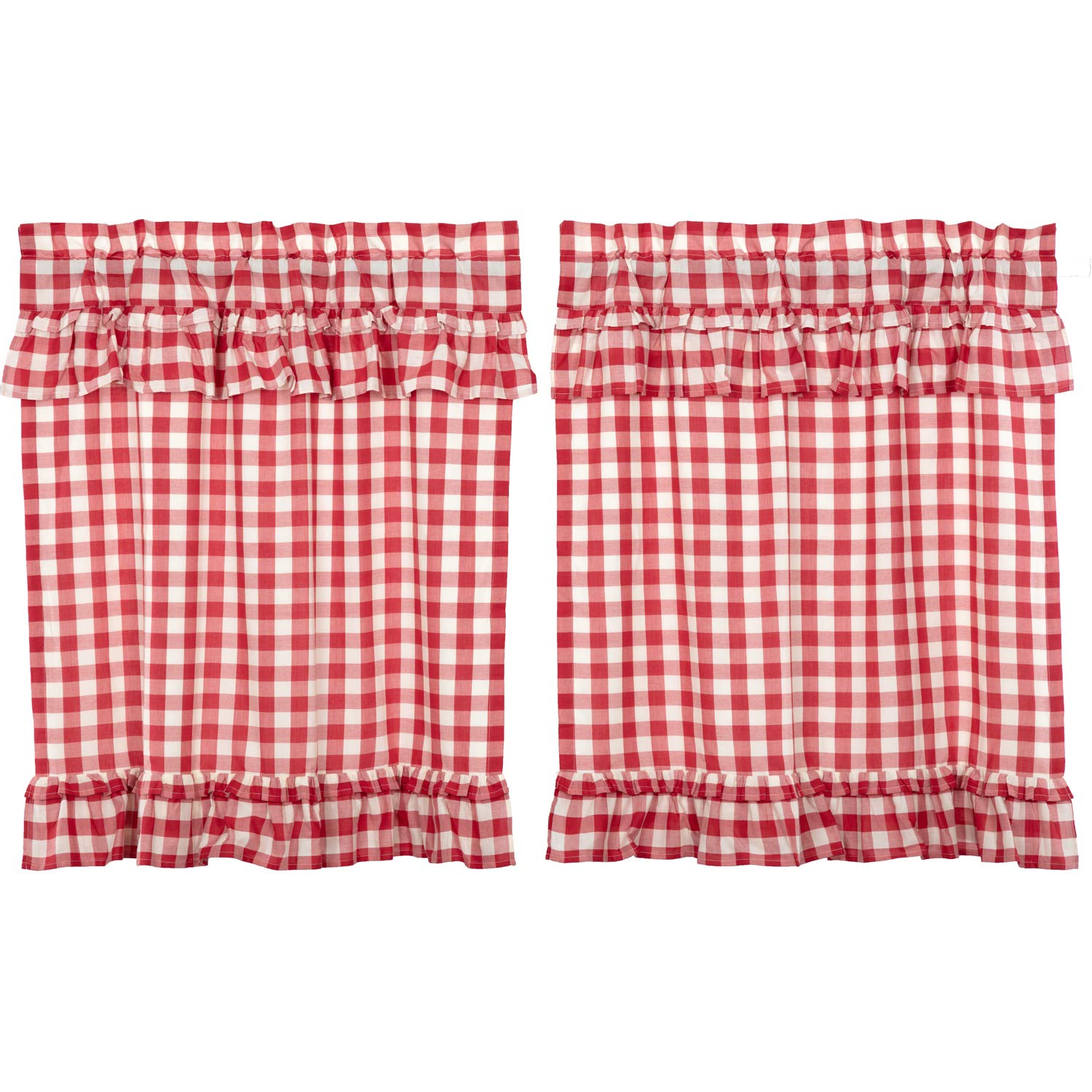 Vhc Brands Annie Buffalo Check Cotton Farmhouse Kitchen Curtains Rod Pocket Hanging Loops Ruffling 36X36 Tier Pair, Red Country