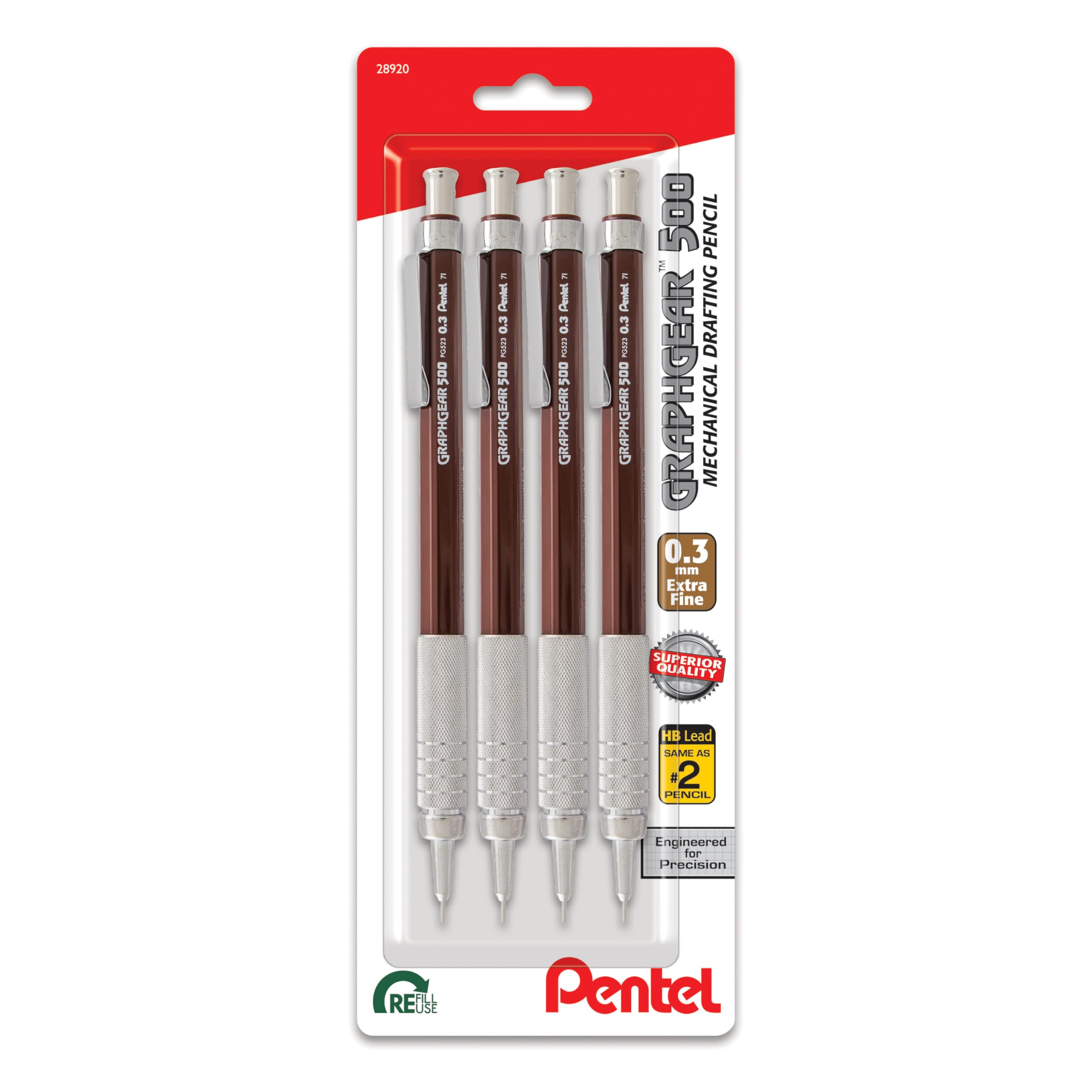 Pentel Graphgear 500 Mechanical Drafting Pencil, (0.3Mm), Extra Fine Line, Brown Barrel, Pack Of 4 (Pg523Bp4E)