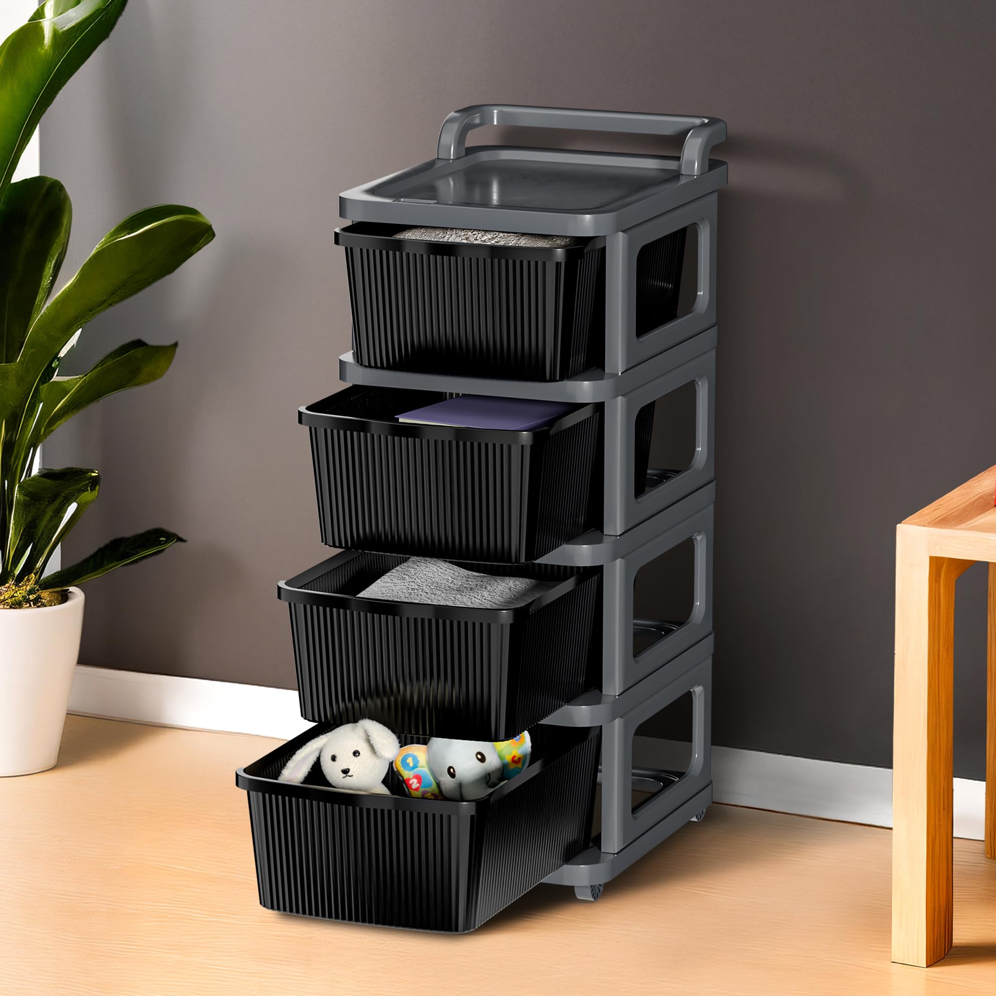 Kuber Industries 4 Layer Heavy Duty Plastic Storage Drawer With Wheels | Modular Cabinet For Bedroom, Office, Home | Chest Of Dr