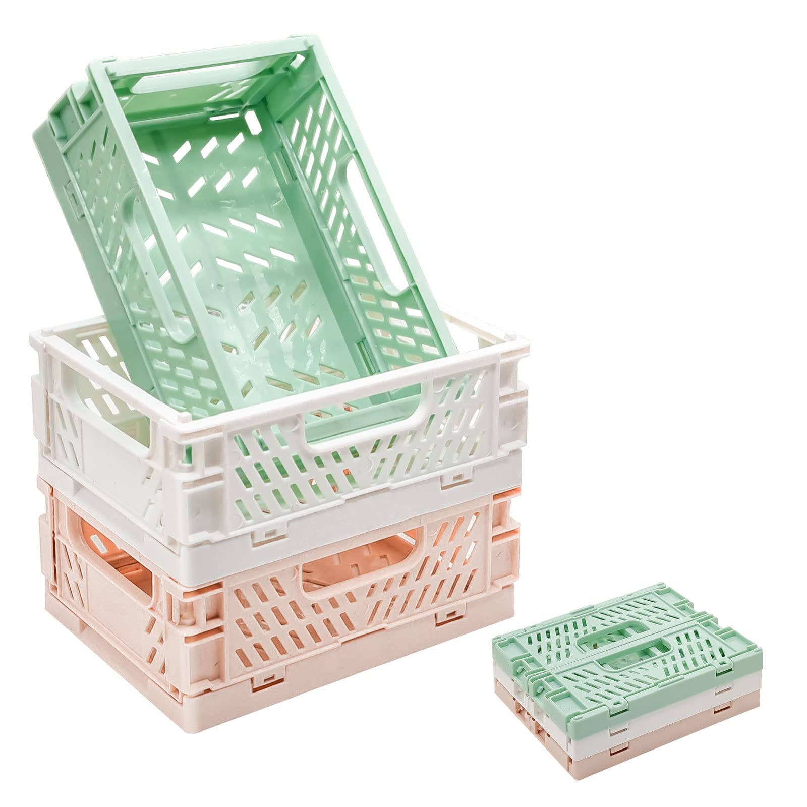 3 Pack Mini Plastic Storage Basket For Shelf Organizing,Collapsible Crate Folding Storage Bin For Desk Organizer Stackable Conta