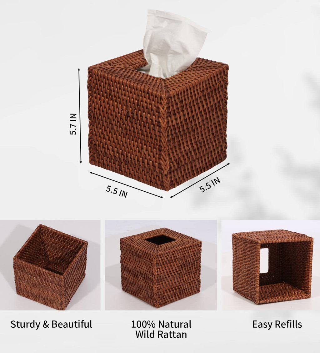 Livelab Natural Rattan Tissue Box Cover, Square Hand Woven Tissue Box Holder Tissue Box Case Organizer 5.5''X5.5''X5.7'' Honey B