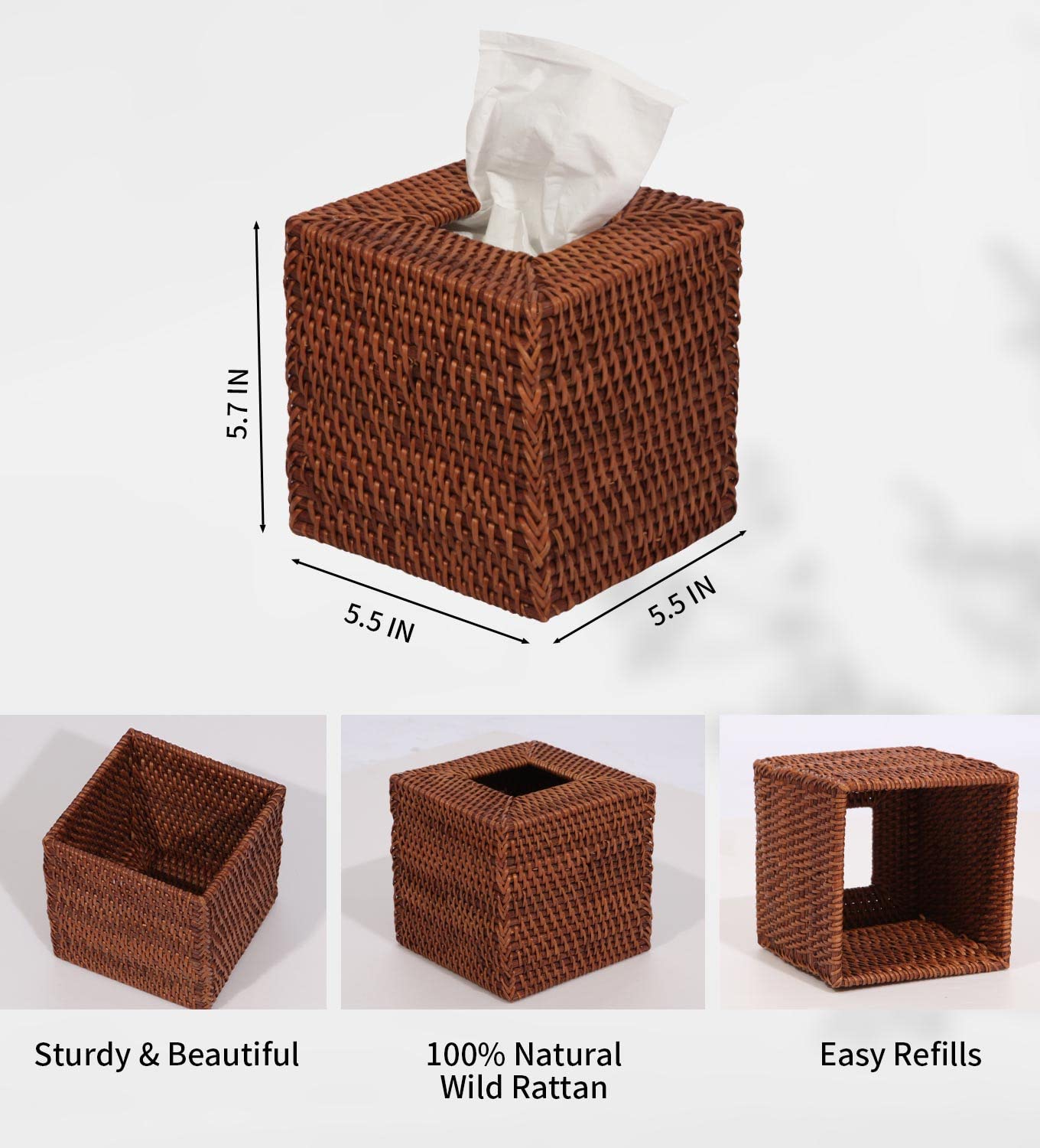 Livelab Natural Rattan Tissue Box Cover, Square Hand Woven Tissue Box Holder Tissue Box Case Organizer 5.5''X5.5''X5.7'' Honey B