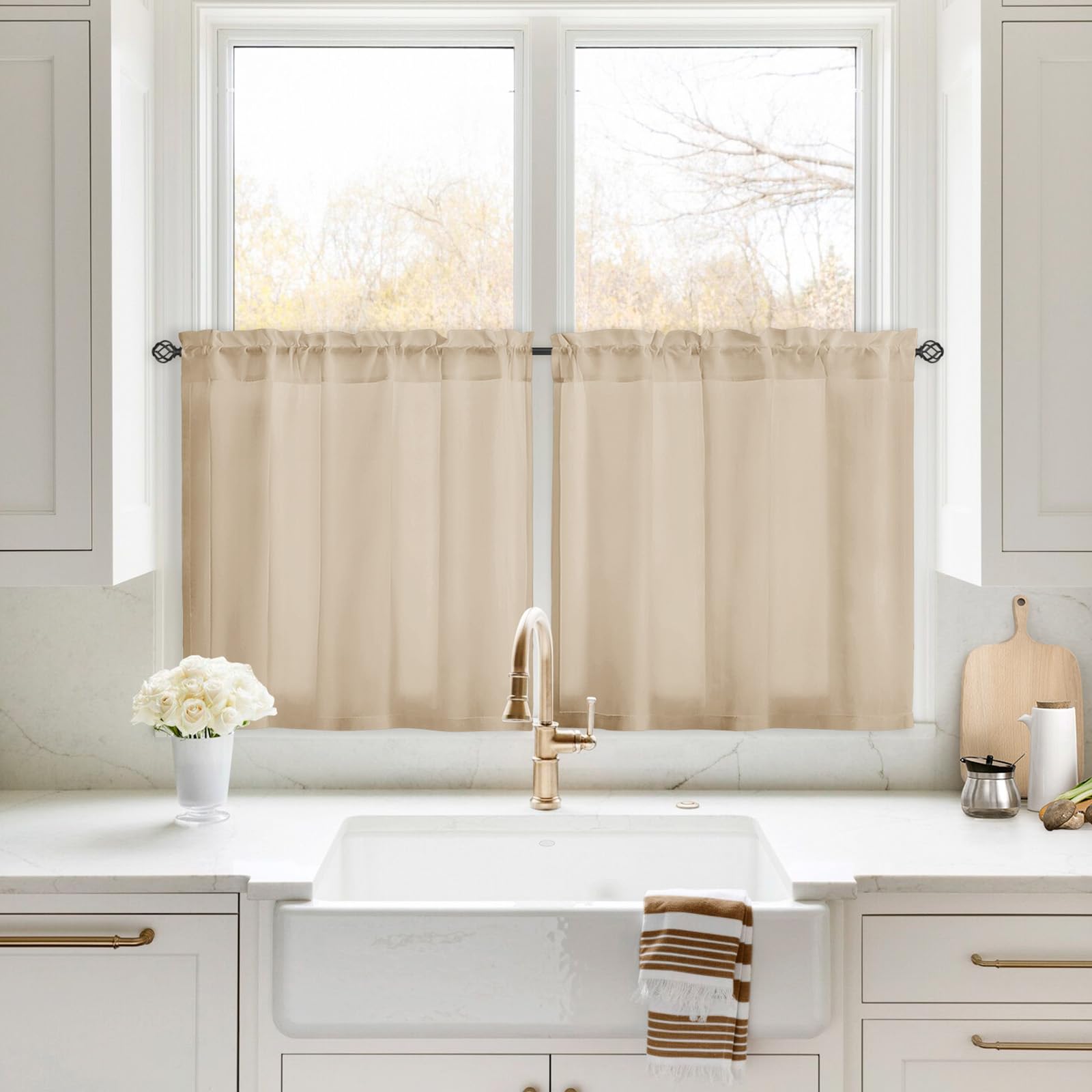 Homeideas Non-See-Through Beige Privacy Sheer Kitchen Curtains 30 X 24 Inches Long 2 Panels Taupe Sheer Curtains Light Filtering Bathroom Window Curtains Drapes For Bedroom Living Room
