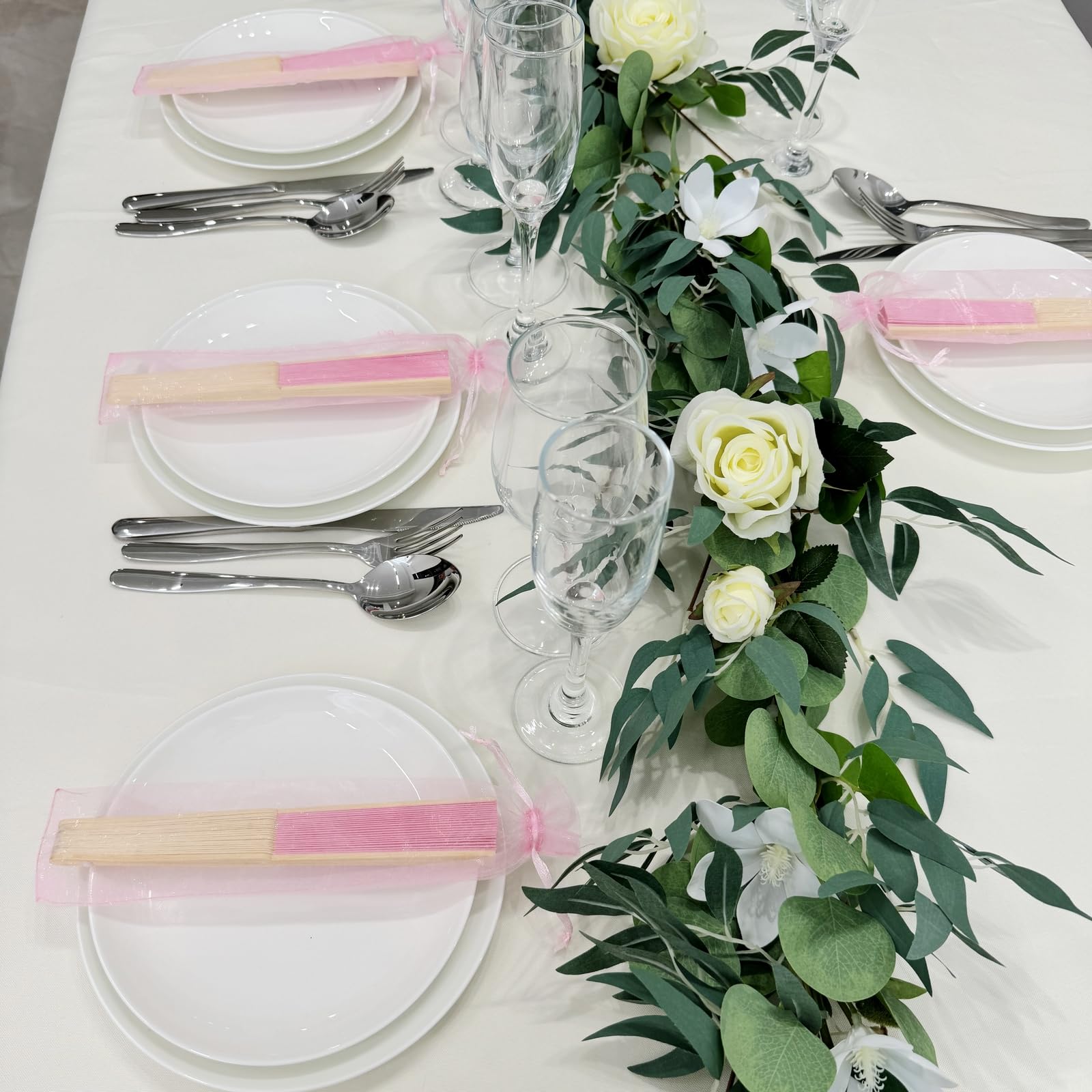 Sl Crafts 50Pcs Paper Hand Fan With Organza Bags Bamboo Handheld Folding Fan Decorative Paper Fan Wedding Party Favors (Pink)
