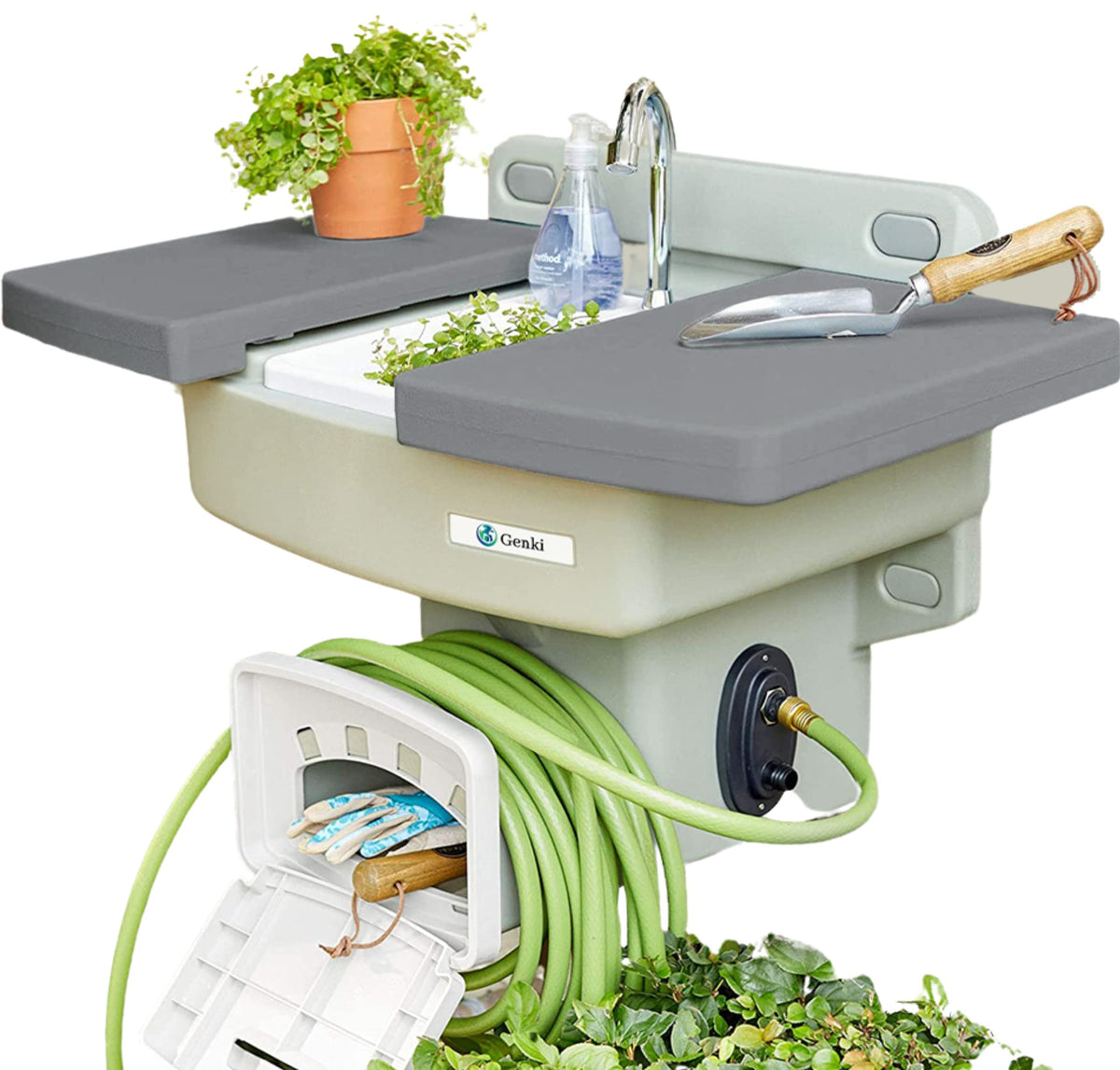 Genki - Outdoor Garden Sink With Hose Hook Up - White Potting Bench With Hose Holder - Gardening Drinking Fountain - Hand Washin