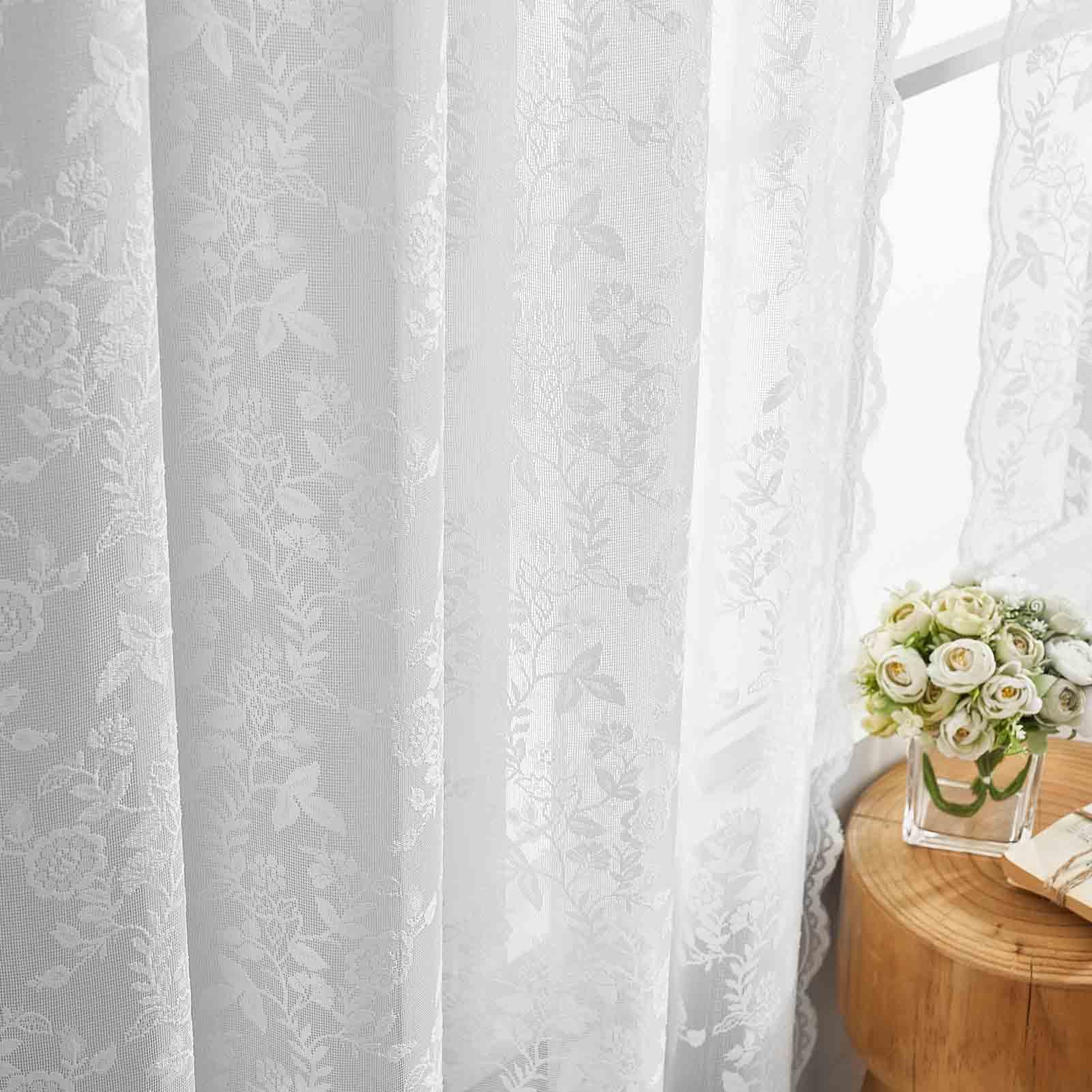 Finecity White Lace Curtains 54 Inch Length For Bedroom - Country Rustic Branch Floral Pattern Lace Sheer Curtains 2 Panels Set,
