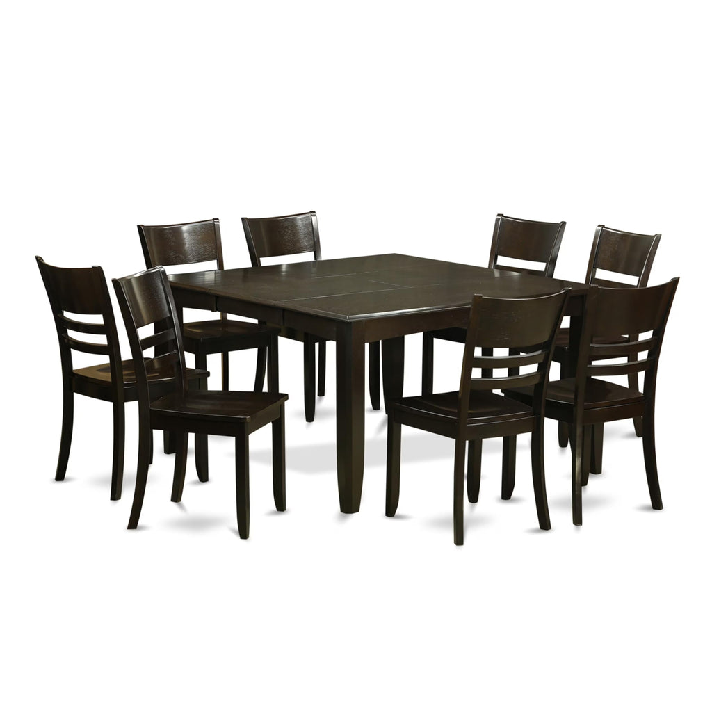 East West Furniture PFLY9-CAP-W 9 Piece Dining Table Set Includes a Square Dining Room Table with Butterfly Leaf and 8 Wood Seat Chairs, 54x54 Inch, Cappuccino