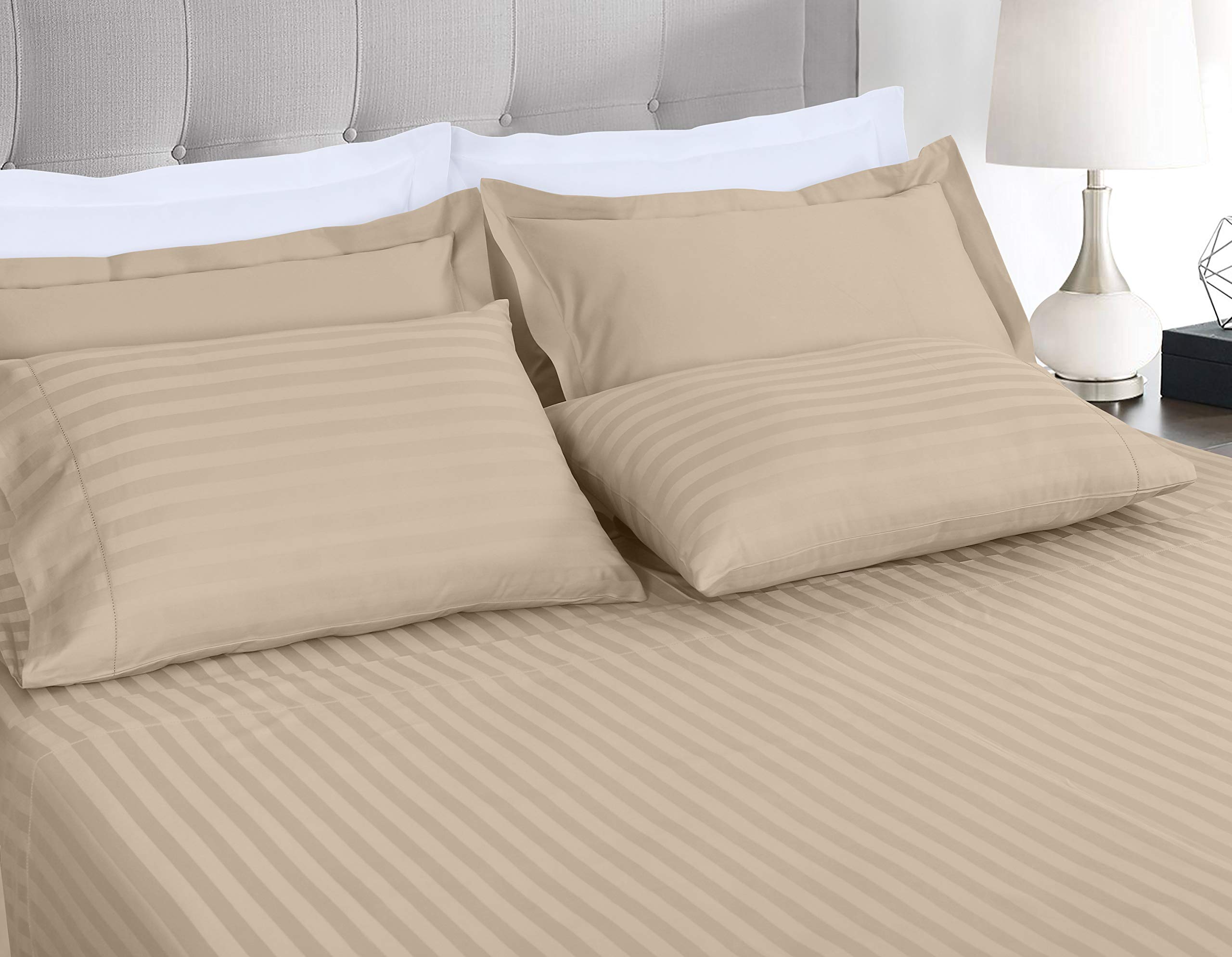 Threadmill 500 Thread Count Full Size Damask Stripe 4 Pc Luxury Cotton Sheet Set, Breathable Light Beige Sheets With 16'' Elasti