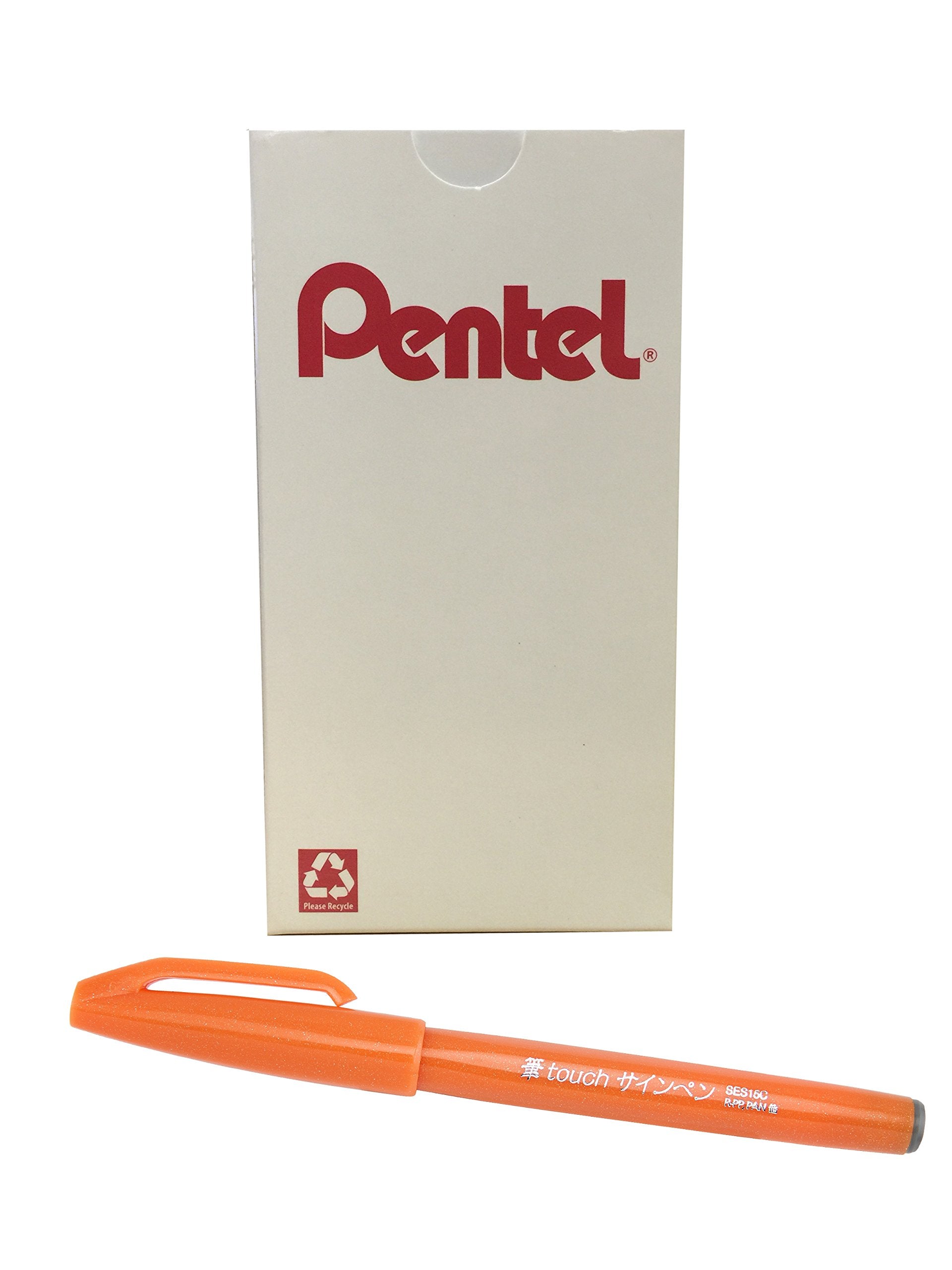 Pentel Arts Sign Pen Touch, Fude Brush Tip, Orange Ink, Box Of 12 (Ses15C-F)