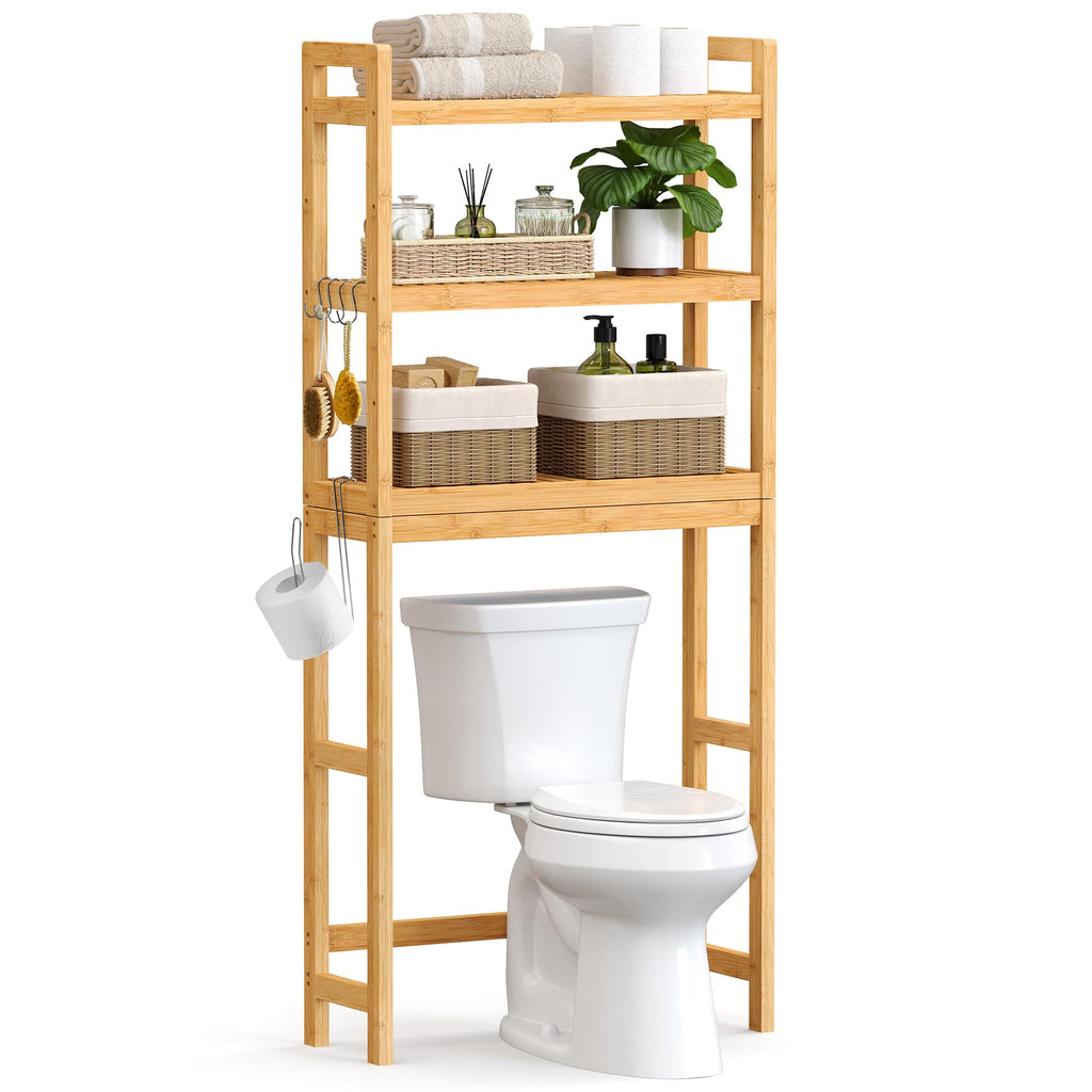 Songmics Over The Toilet Storage, 3-Tier Over Toilet Bathroom Organizer With Adjustable Shelf, Fit Most Toilets, Space-Saving, Natural Ubts001N01