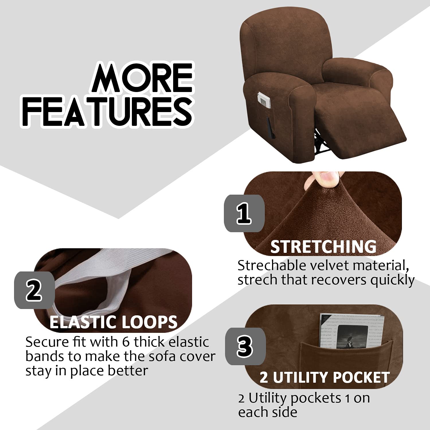 Ulticor 4-Piece, 1 Seat Recliner Cover, Velvet Stretch Reclining Chair Covers For 1 Cushion Reclining Sofa, Single Seat Recliner Couch Cover, Thick, Very Soft, Machine Washable (Chocolate)