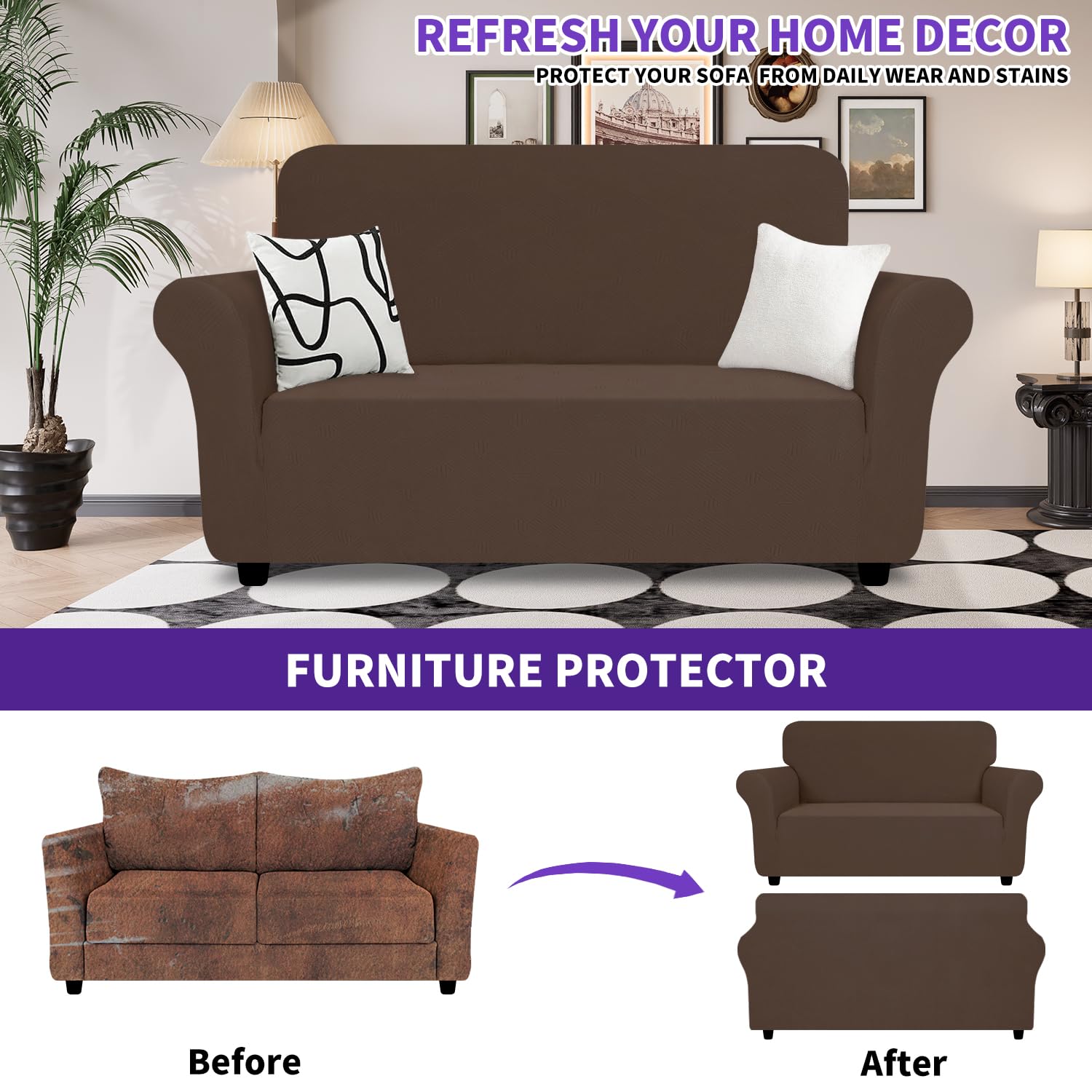 Znsayotx Super Stretch Loveseat Covers (55'-69'), New Striped Love Seat Slipcover, Dogs Pet Friendly Anti-Slip Couch Protector Spandex Durable 2 Seater Fabric Sofa Cover (Coffee, Loveseat)