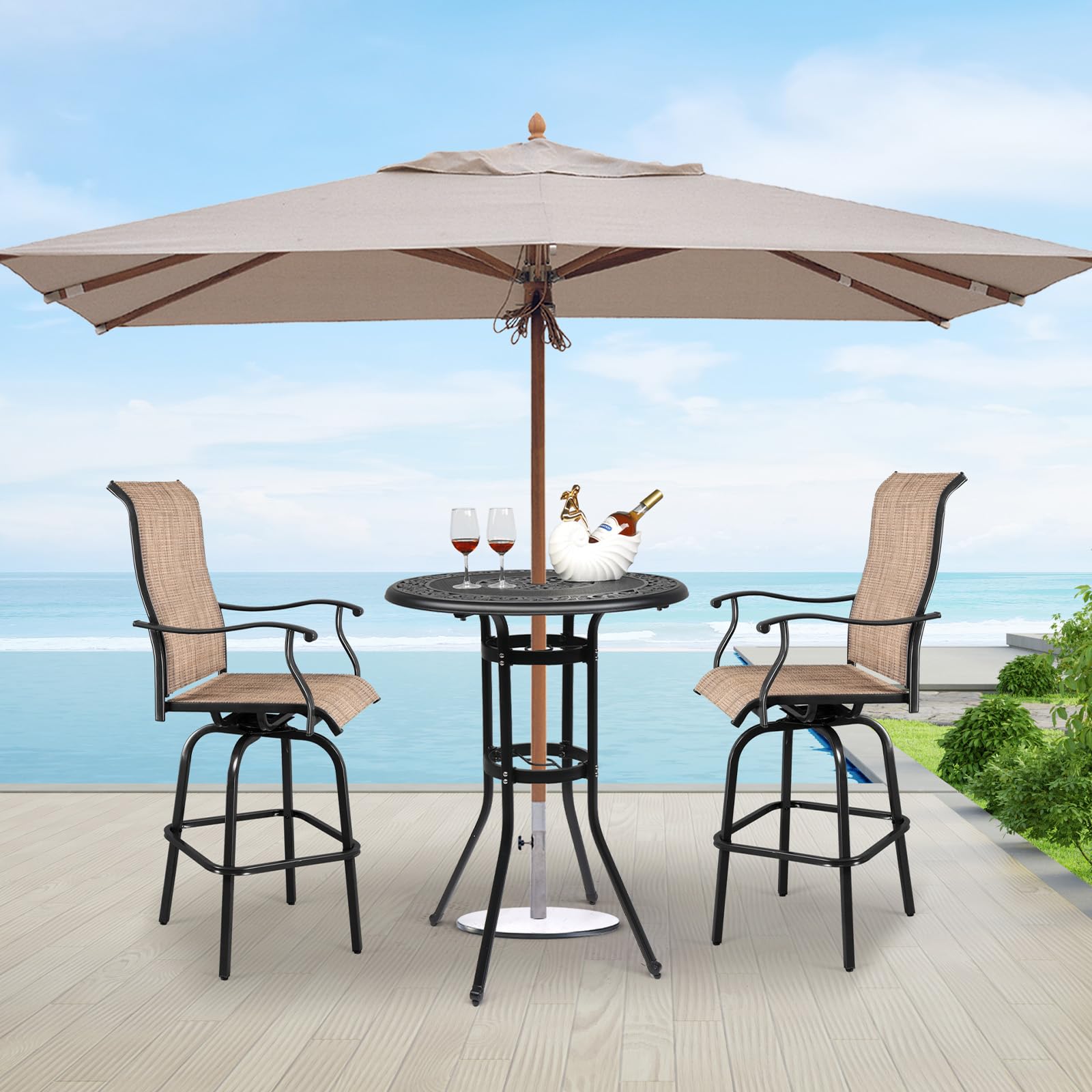 Vingli Outdoor Bar Table, Cast Aluminum Bar Height Patio Table With Umbrella Hole Patio Dining Table, Tall Outdoor Table Bistro Table Outdoor Furniture Garden Table 32' Dia X 41 H (Black)