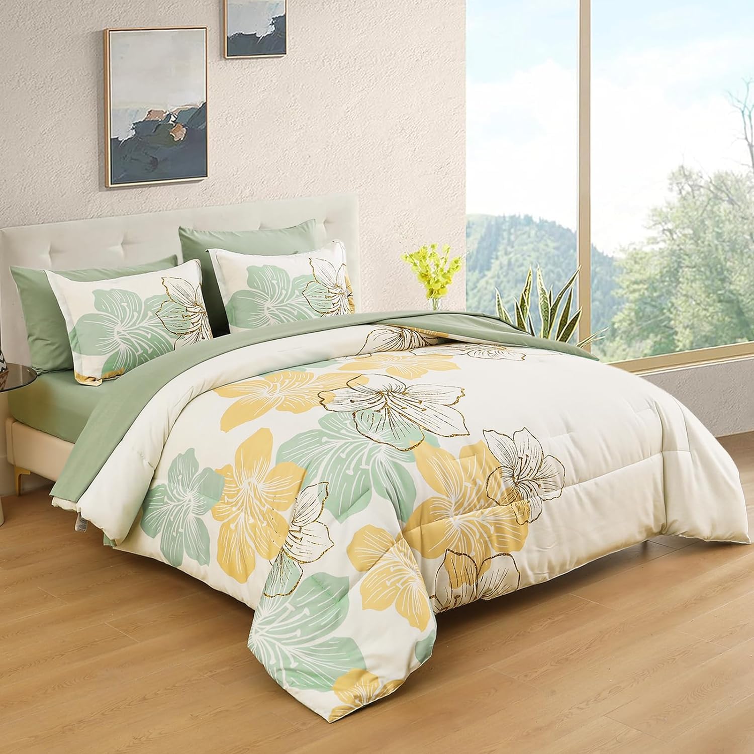 Luxudecor Sage Green Floral Comforter Set King Size, 7 Pieces Bed In A Bag Gold Glitter Metallic Comforter And Sheet Set, Soft M