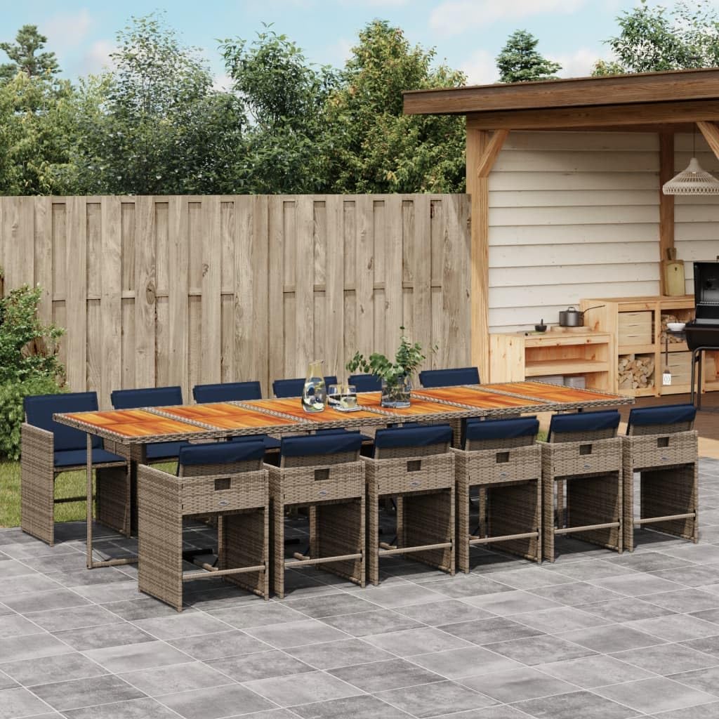 vidaXL Patio Dining Set with Cushions - 13 Piece Gray Poly Rattan, PE Rattan Table & Chairs, Weather-Resistant, Navy Blue Cushions with Removable Polyester Covers, Acacia Wood Top