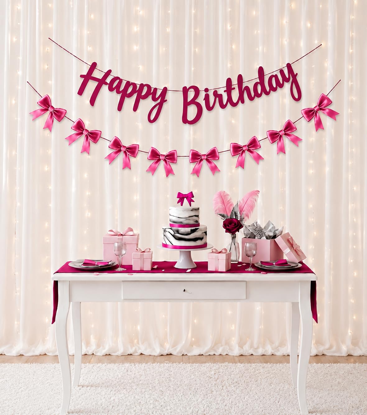 Happy Birthday Banner With Pink Bow Garland, Party Decoration Set, Hot Pink Theme