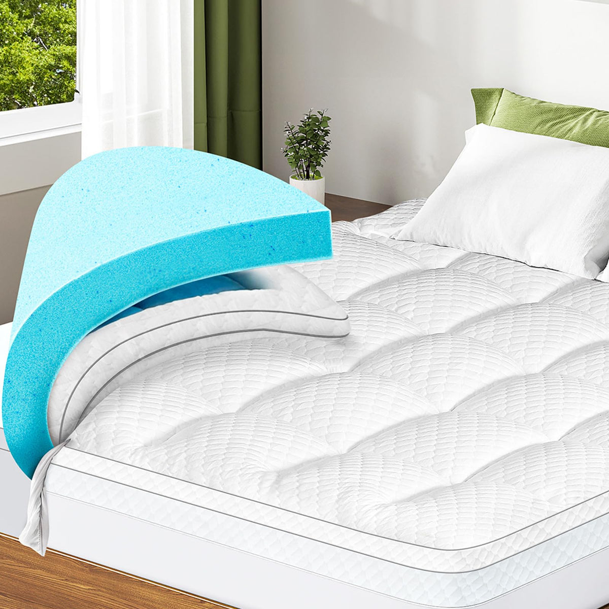 Dual Layer 3 Inch Memory Foam Mattress Topper Queen Size, 2 Inch Cooling Gel Memory Foam Plus 1 Inch Down Alternative Pillowtop