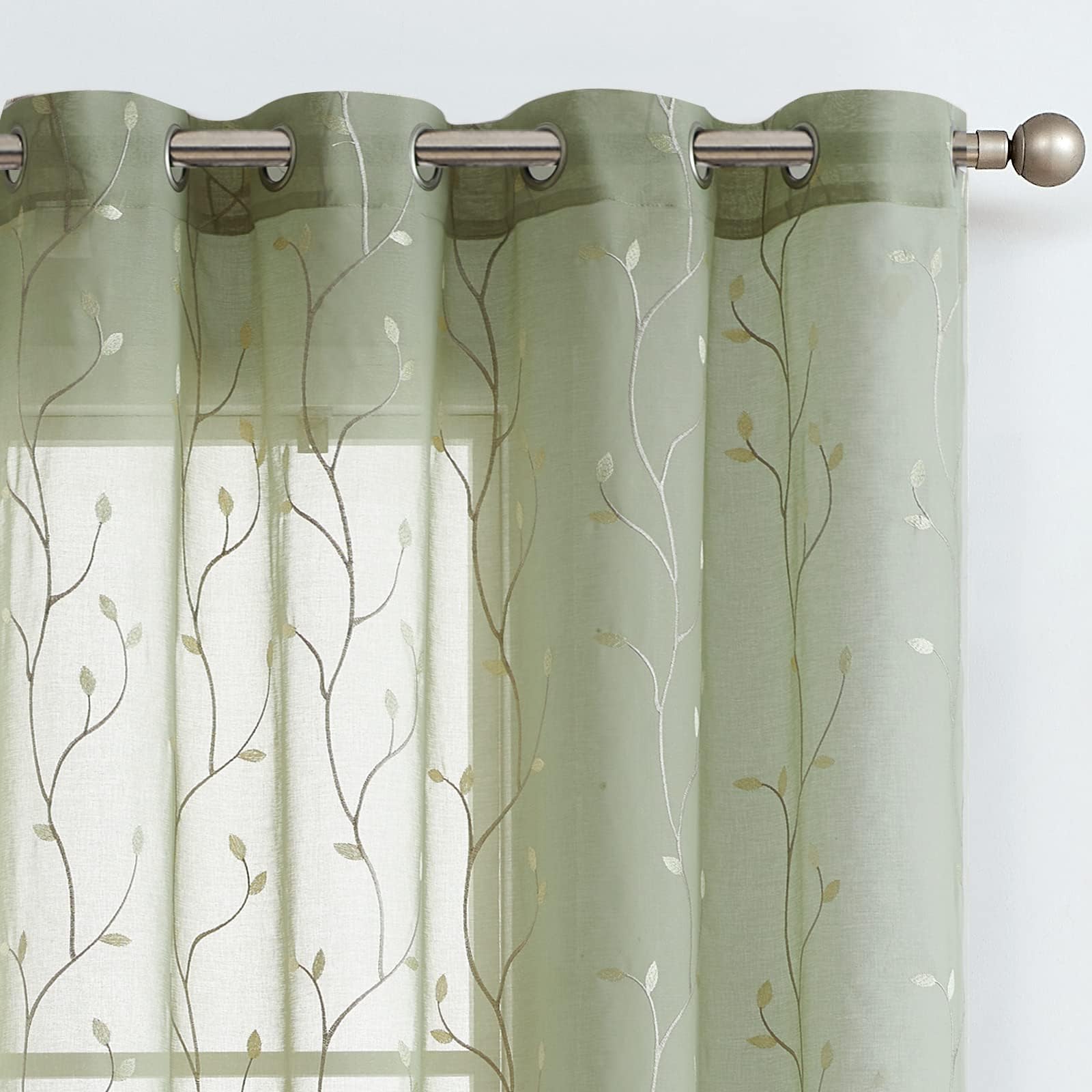 Jinchan Sheer Curtains For Bedroom 63 Inch Length Beige Floral Embroidered On Green Sheers For Living Room Embroidery Voile Grom