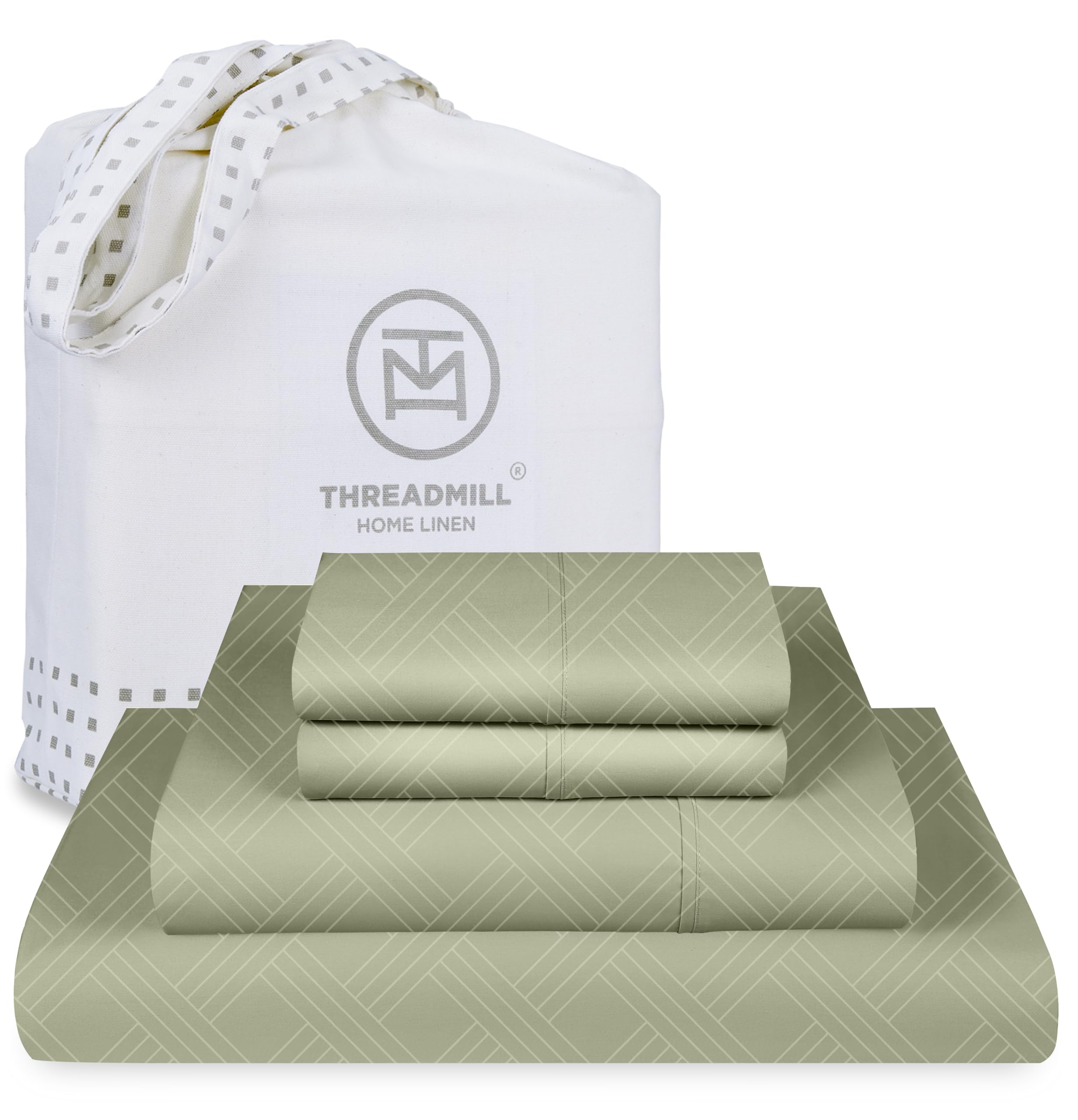 Threadmill California King Size Sheets | 800 Thread Count Jacquard Celine Sage Green | 4 Piece Striped Bed Sheets | Extra Long S