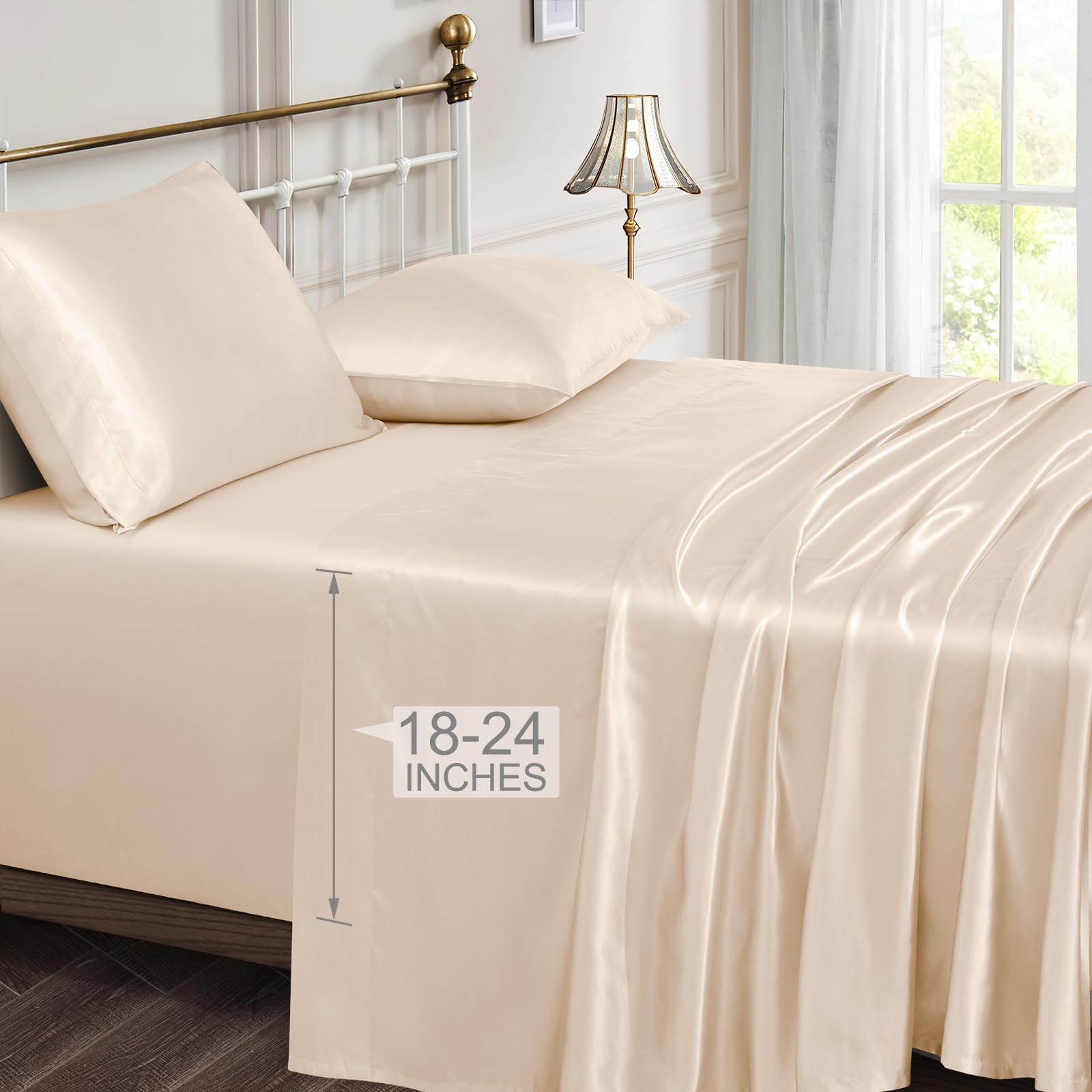 Vonty Satin Sheets Extra Deep Pocket King Size Sheets - Cooling & Silky Satin King Sheets Set with 18-24 Inch Deep Pocket, Beige
