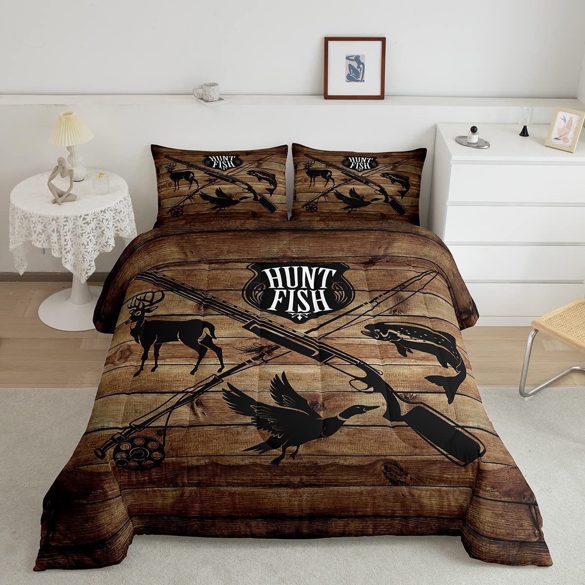 Retro Hunt Fish Comforter Set Twin Size,Retro Farm Wooden Board Quilt Set For Kids Boys Bedroom Collection,Deer Bird Fish Animal