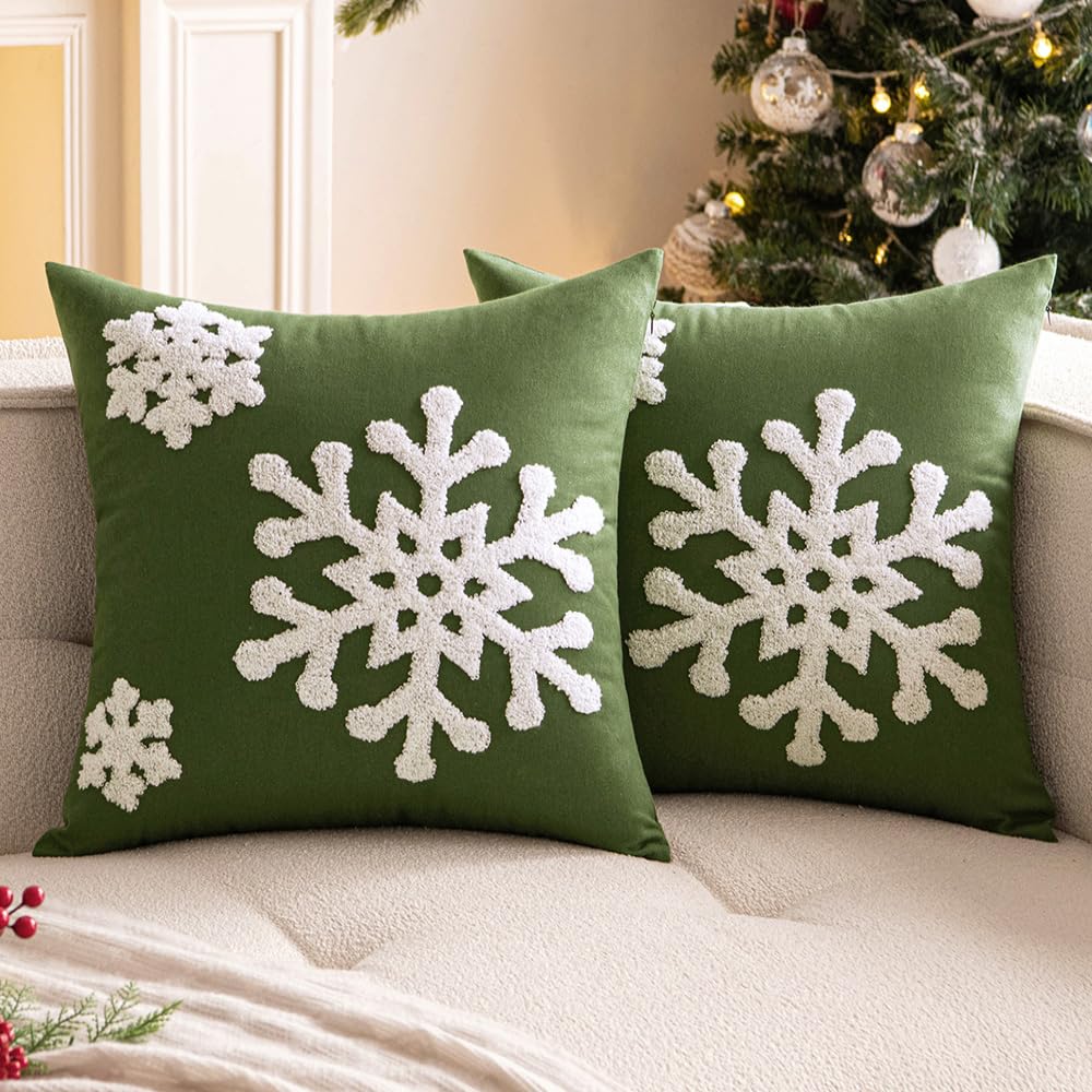 Woaboy Pack Of 2 Christmas Dark Green Throw Pillow Covers Decorative Snowflake Embroidery Couch Pillows Canvas Cushion Cases Hol