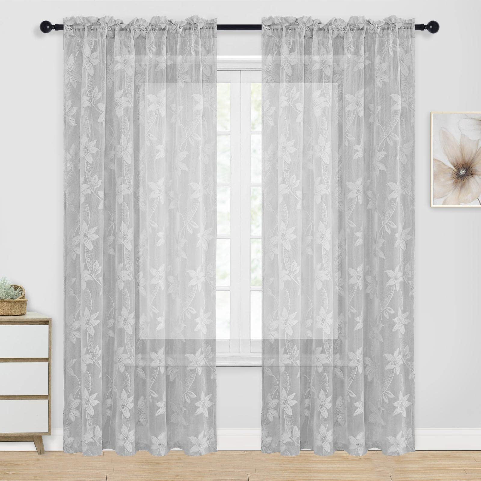 Dwcn Grey Lace Sheer Curtains - 84 Inches Long Floral Lace Design Rod Pocket Window Voile Sheer Drapes For Bedroom Living Room 5