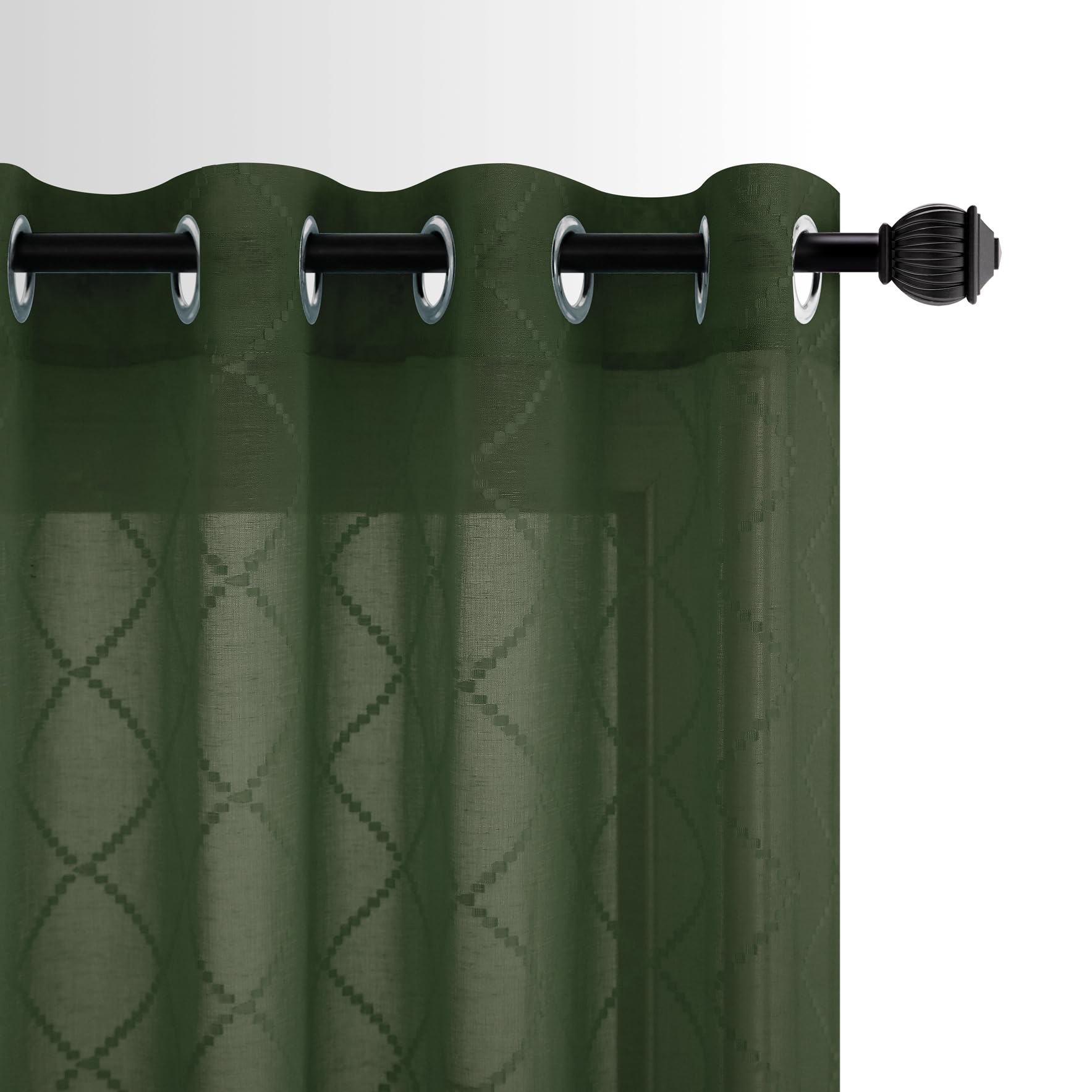 Olive Green Grommet Diamond Linen Look Sheer Curtains 52x63 Inch Length