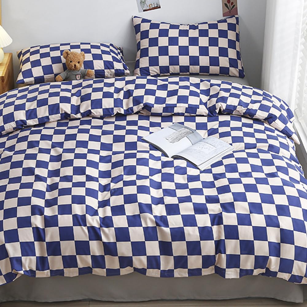 Clothknow Blue White Plaid Full Comforter Set 3Pcs Royal Blue White Bedding Comforter Sets Grid Comforter Full Soft Dark Blue Full Size Comforter Sets