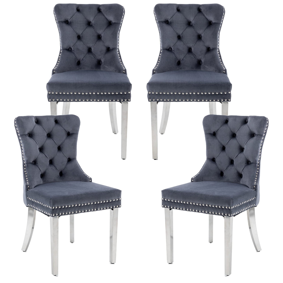 Goolon Dining Room Chairs Set Of 4, Tufted Velvet Chairs With Modern Stainless Steel Legs, Rivet Trim Metal Pull Ring Large Back