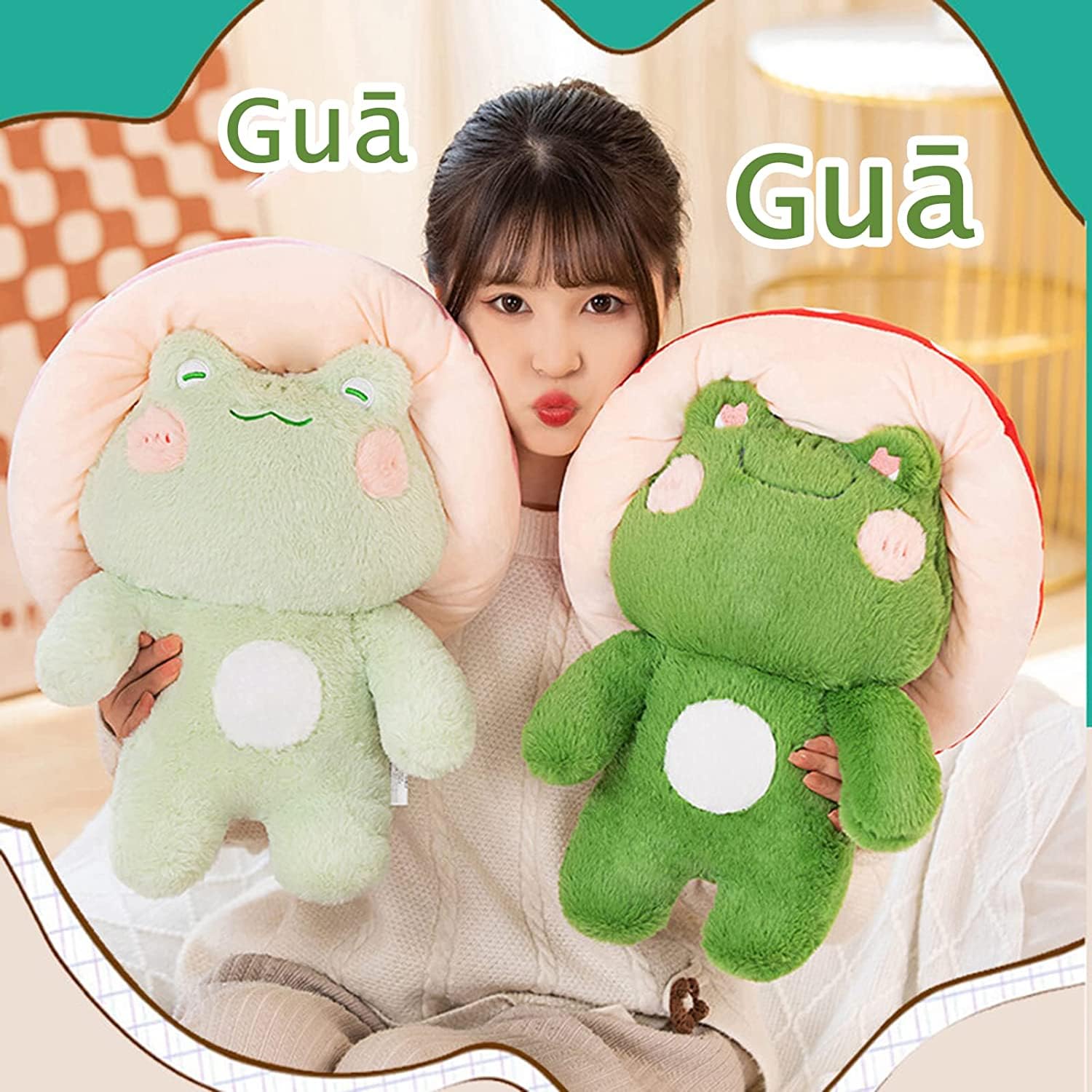 Frog Plushies Toys, 17' Cute Frog Pillow With Mushroom Hat Stuffed Animals, Kawaii Plushies Gift For Kids Girls Adults Valentin