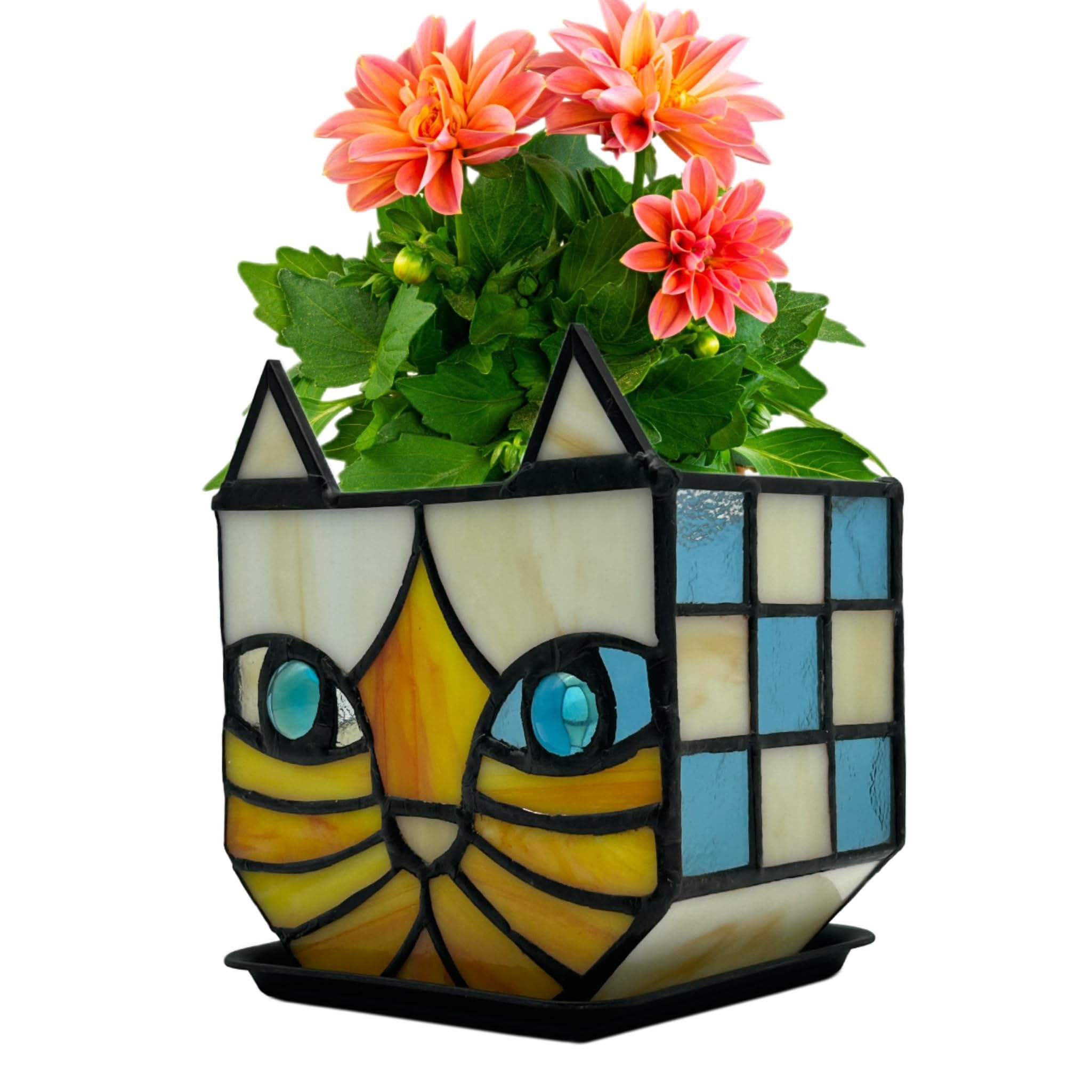 Entlityful Tiffany Stained Glass Orange Cat Flower Pot,Handmade Cute Pots For Plants, Room And Office Decoration Glass Container