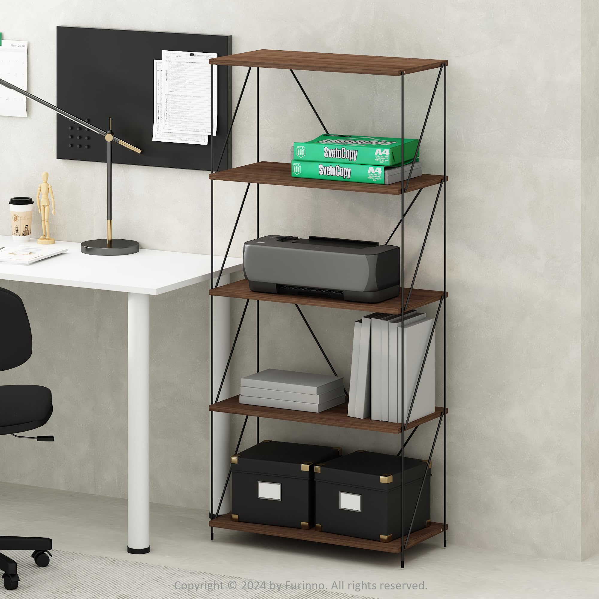 Furinno Wire 5-Tier Industrial Style Metal Frame Bookcase, Display Shelf, 24 Wide, Walnut Cove