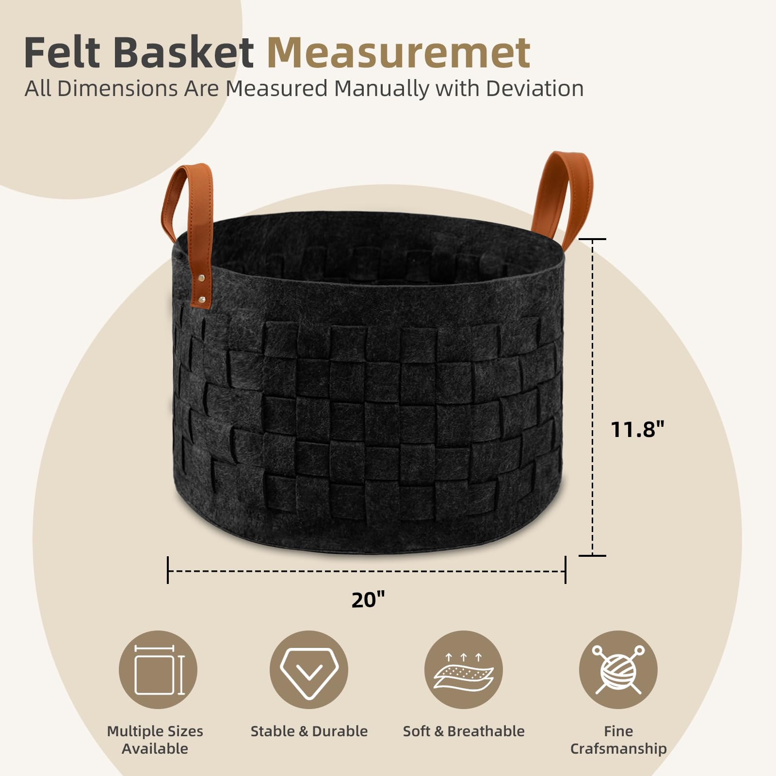 Boldmonkey Laundry Basket 20' X20 X11.8, Large Round Blanket Basket With Leather Handle, Felt Storage Basket For Living Room, N