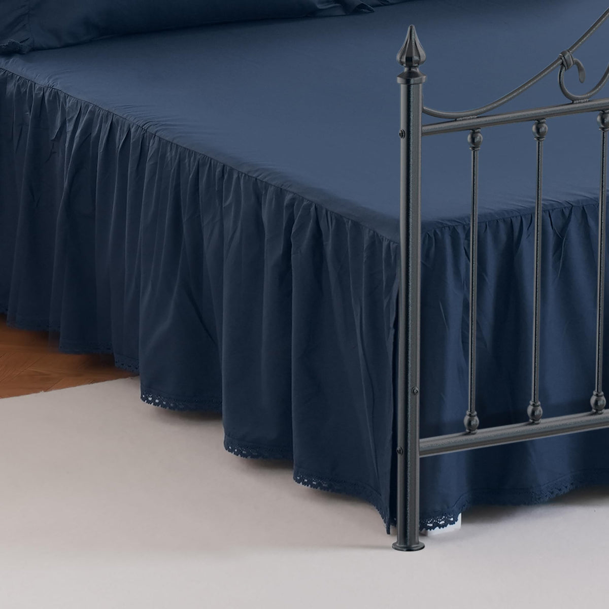 Vlocemon Queen Size 14-Inch Drop Navy Blue Dust Ruffle, Lightweight 100% Cotton, Crochet Edge, French Romantic Style Ruffled Bed