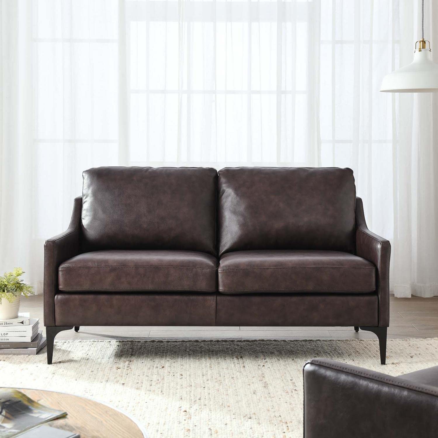 Modway Corland Modern Style Leather And Metal Loveseat In Brown