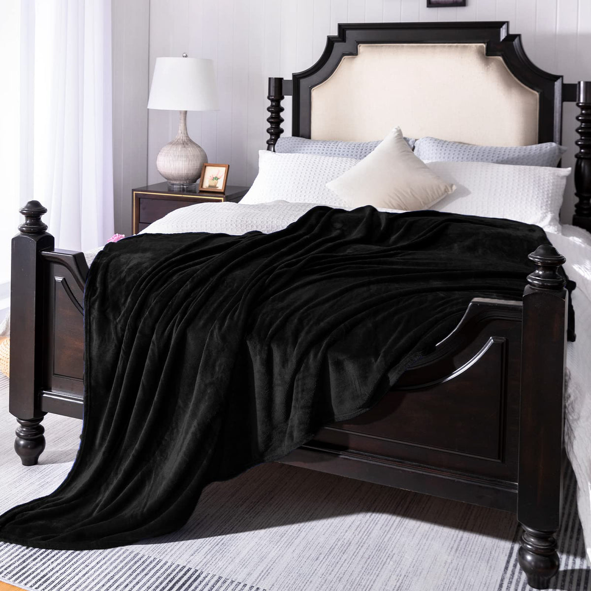 Jiahannha Flannel Fleece Blanket Queen Size Black 90 By 90 Inches Blankets For Couch Sofa Bed 280Gsm,Super Soft Plush Cozy And L
