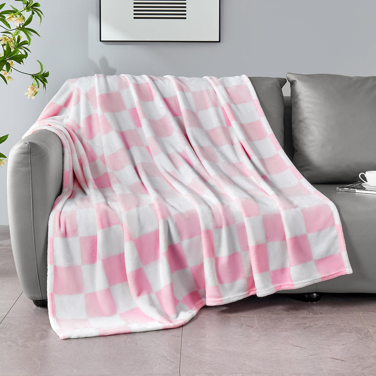 Edenleaf Pink Checkered Blanket, Soft Cozy Fleece Checkered Throw Blanket For Bed Sofa Couch Camping, Ultra Fluffy Throw Blanket