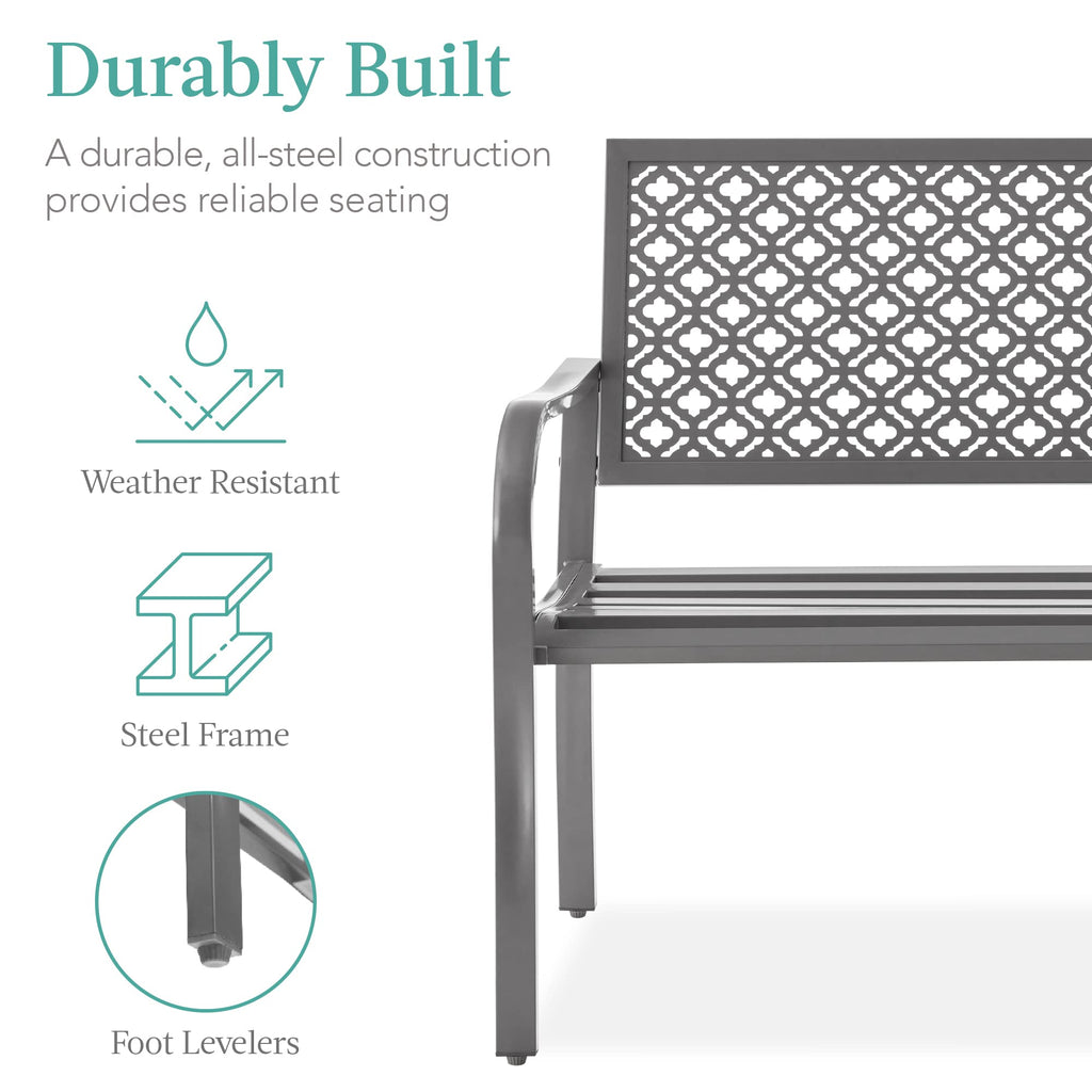 Best Choice Products Outdoor Bench 2-Person Metal Steel Benches Furniture For Garden, Patio, Porch, Entryway W/Geometric Backrest, 790Lb Capacity – Gray