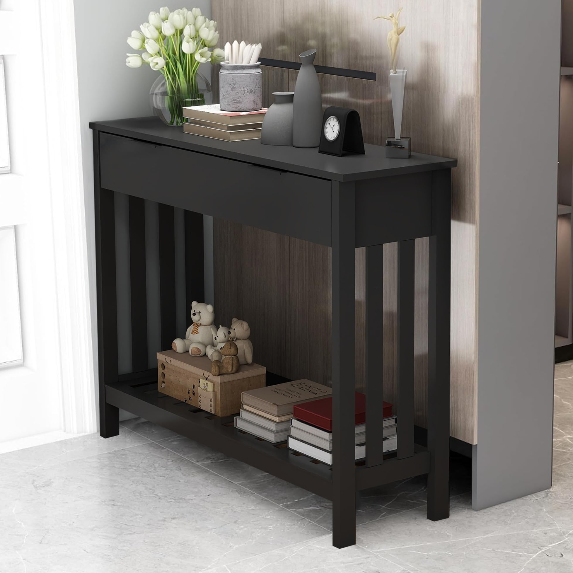 Taohfe Black Entryway Table With Drawer Modern Wood Narrow Console Table With Storage Hallway Table Sofa Tables For Living Room,Entrance Tables For Front Door Corridor, Office, Black