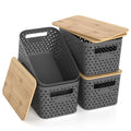 ZFTMRR Plastic Storage Bins with Bamboo Lids, Stackable Small Box Baskets for Organizing and Containers for Shelves Drawers Desk