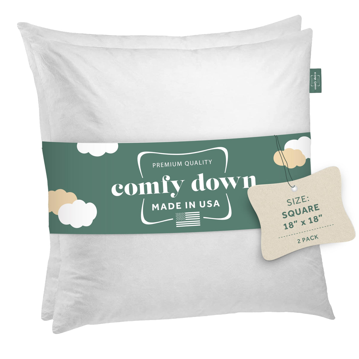 18X18 Decorative Throw Pillow Insert, Down And Feathers Fill, 100% Cotton Cover 233 Thread Count, Square Pillow Insert - Made In