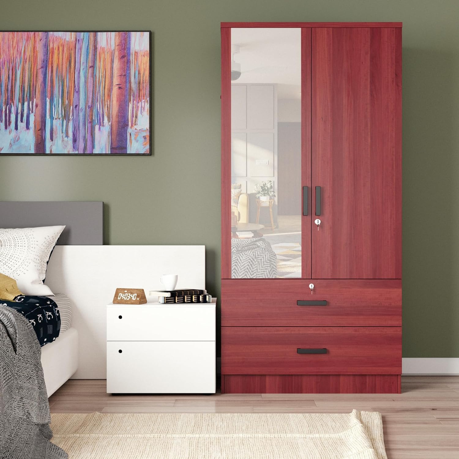 Woodpeckers Furniture And Mattress Mirrored 2 Doors Wardrobe & 2 Drawers 72" Tall (Mahogany)