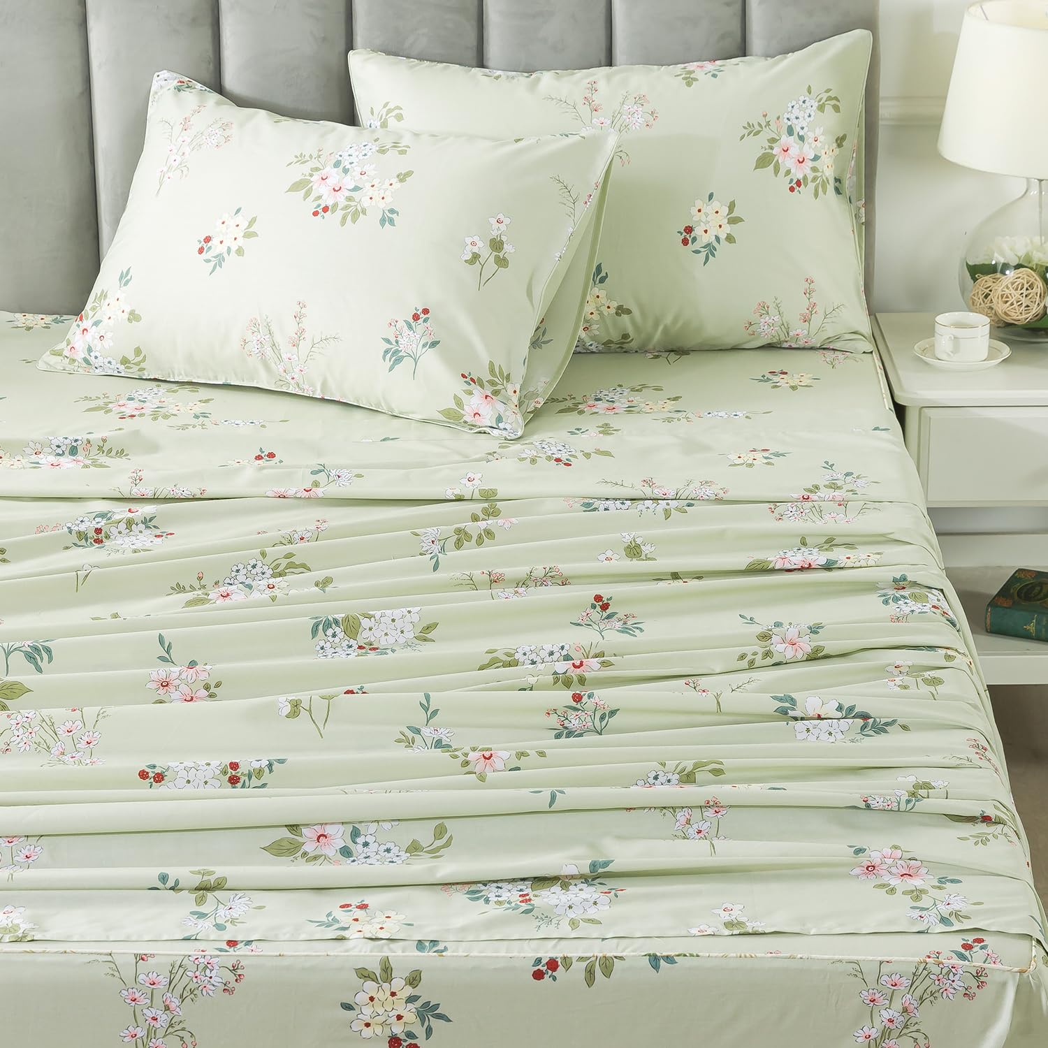 Fadfay Queen Sheet Set Floral Bed Sheets Percale Cotton Botanical Deep Pocket Sheets Sage Green Flower Printed Luxury Bedding Su