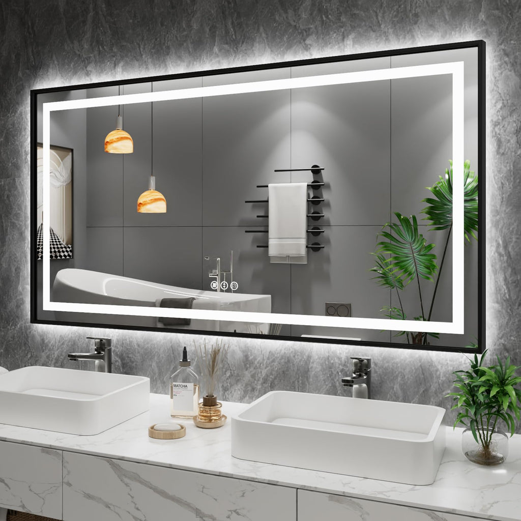 Amorho 55''x 30'' LED Bathroom Mirror Framed, Front Light and Backlit, Stepless Dimmable, Anti-Fog, Shatter-Proof, Memory, 3 Col