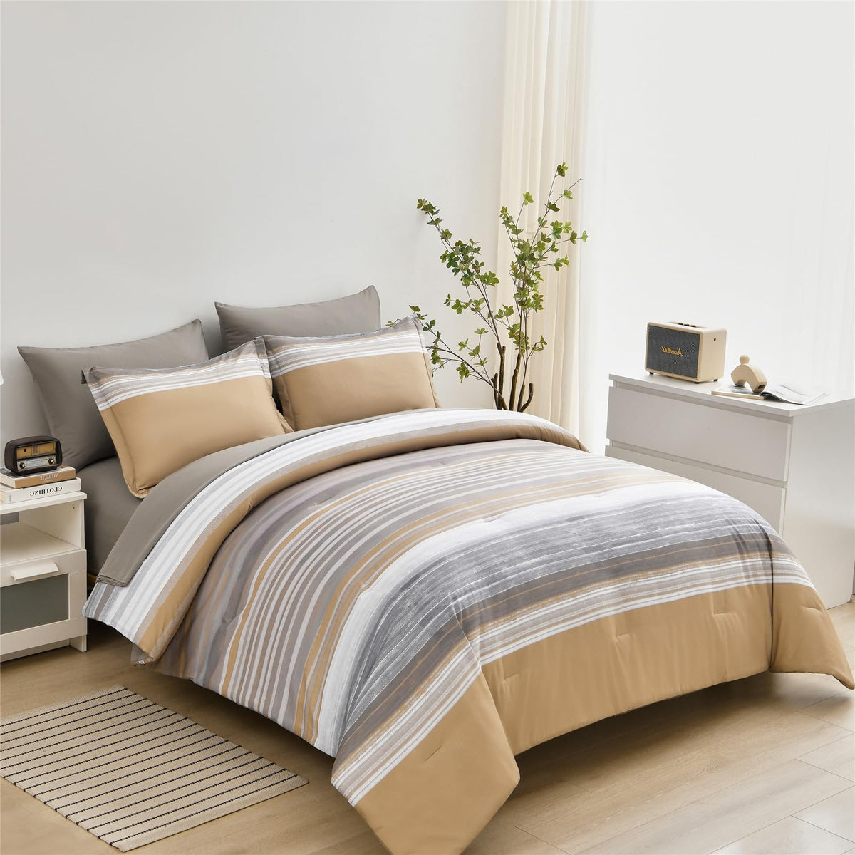 Kakijumn 7 Piece Bed In A Bag Stripe Comforter Set Queen Size, White Grey Khaki Patchwork Striped Comforter And Sheet Set, All S